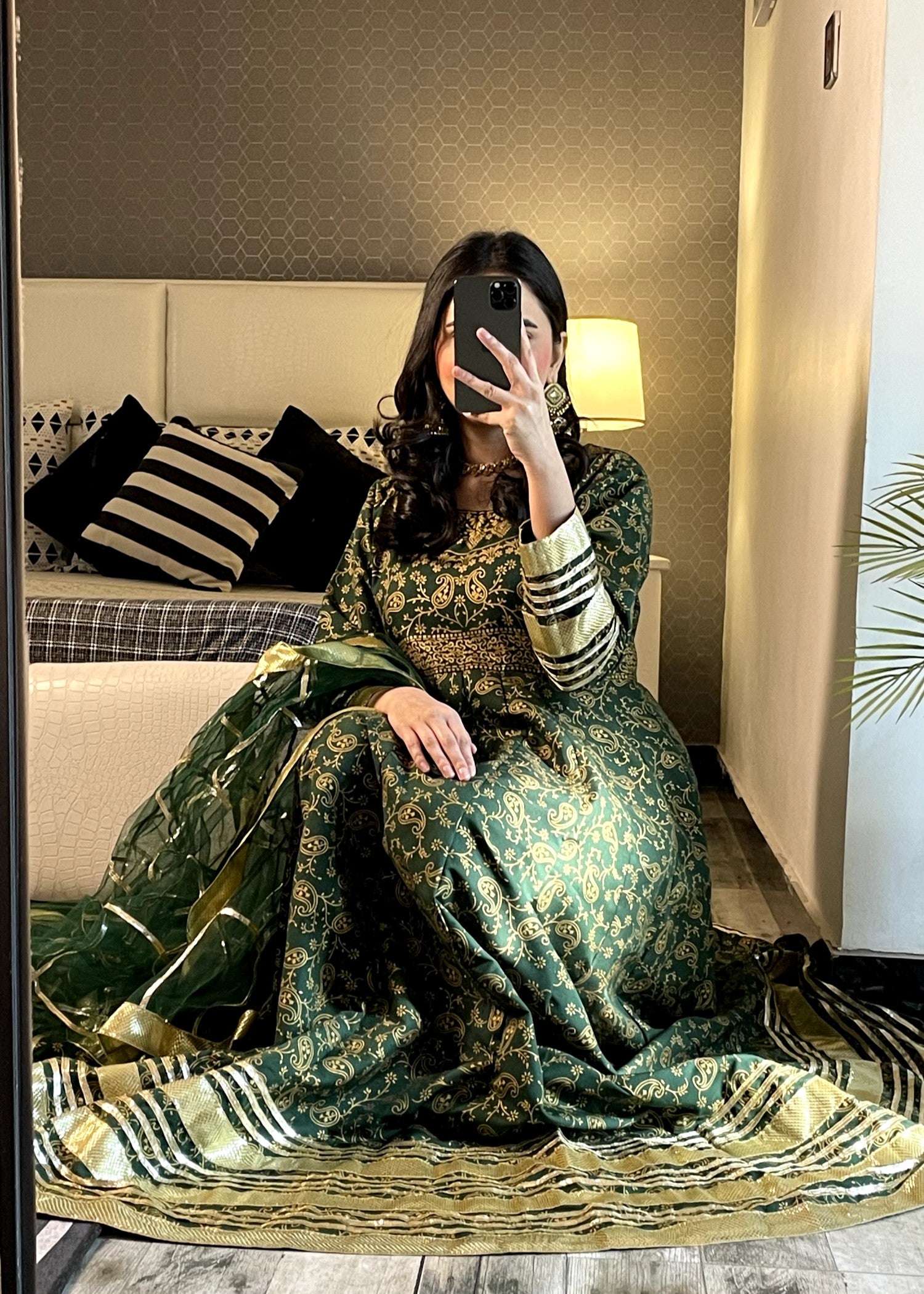 satin silk Anarkali in Bottle green