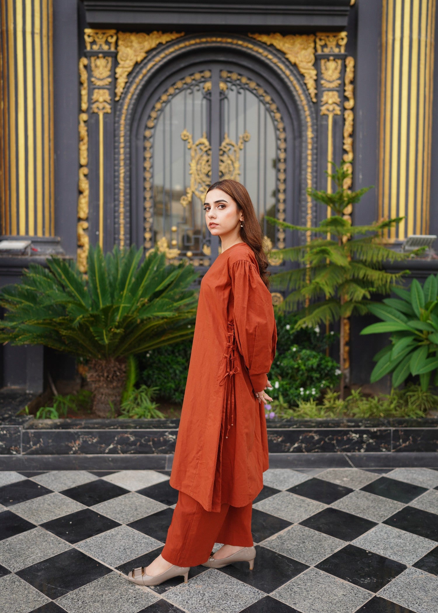cotton dobby Short Frock in Rust orange