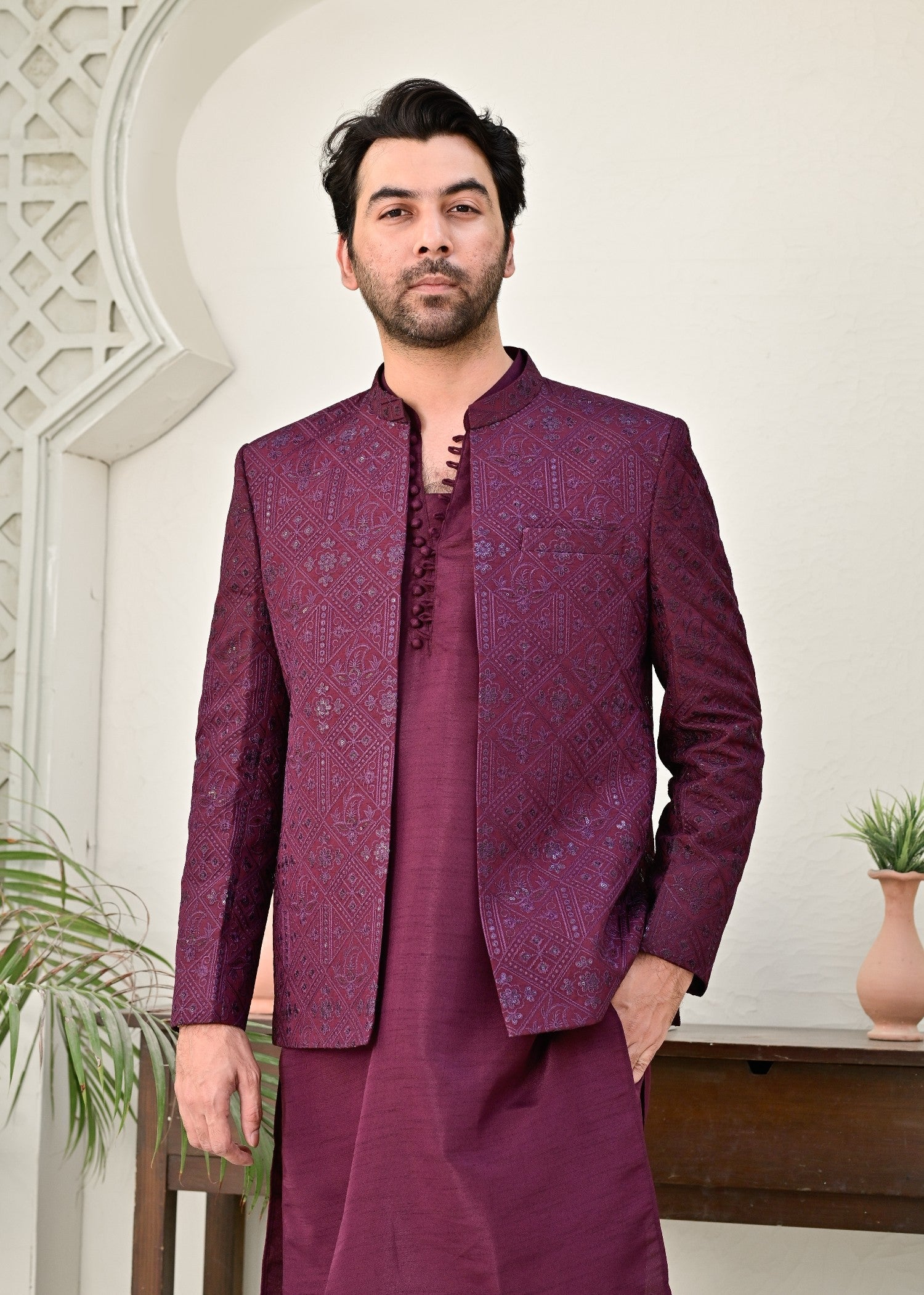raw silk Prince Coat in Burgundy by HK Fashion