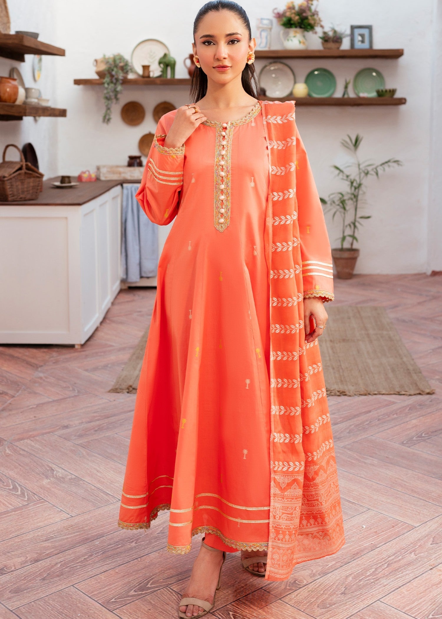 lawn cotton Pishwas in Coral pink