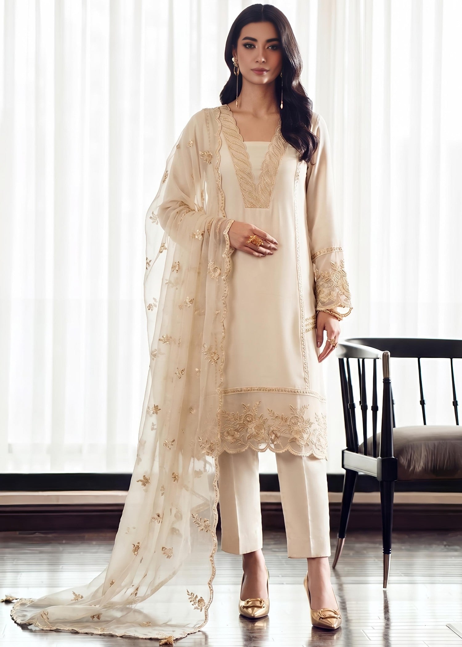 bemberg crinkle chiffon Kurta Set in Cream