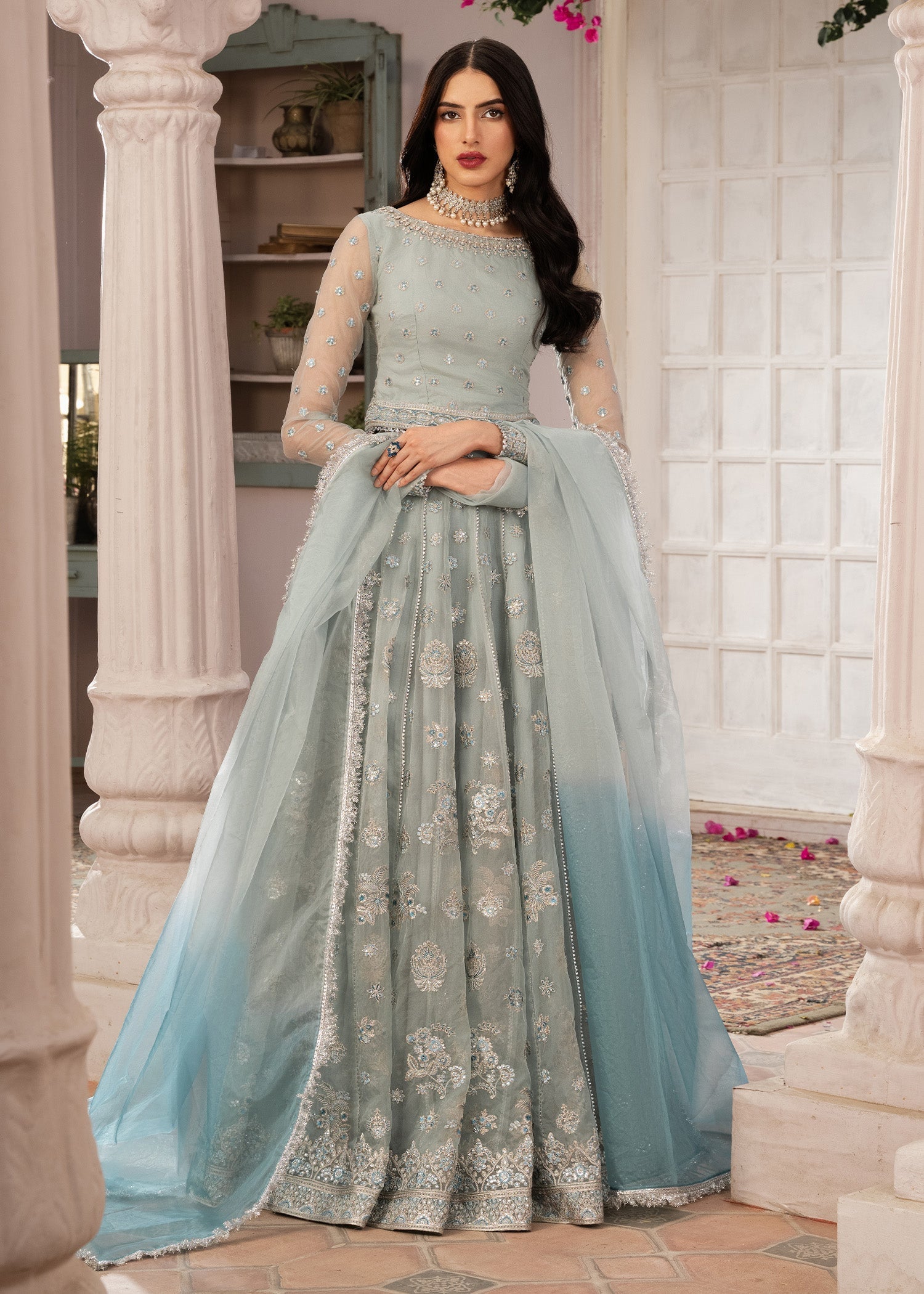 organza Lehenga in Ice blue