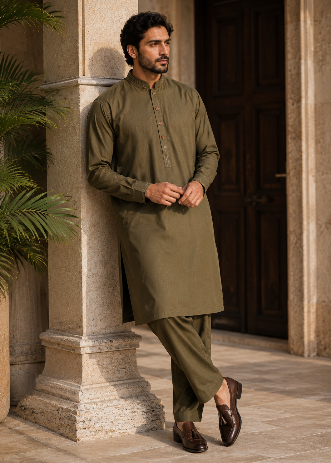 wash & wear Shalwar Kameez in Olive green