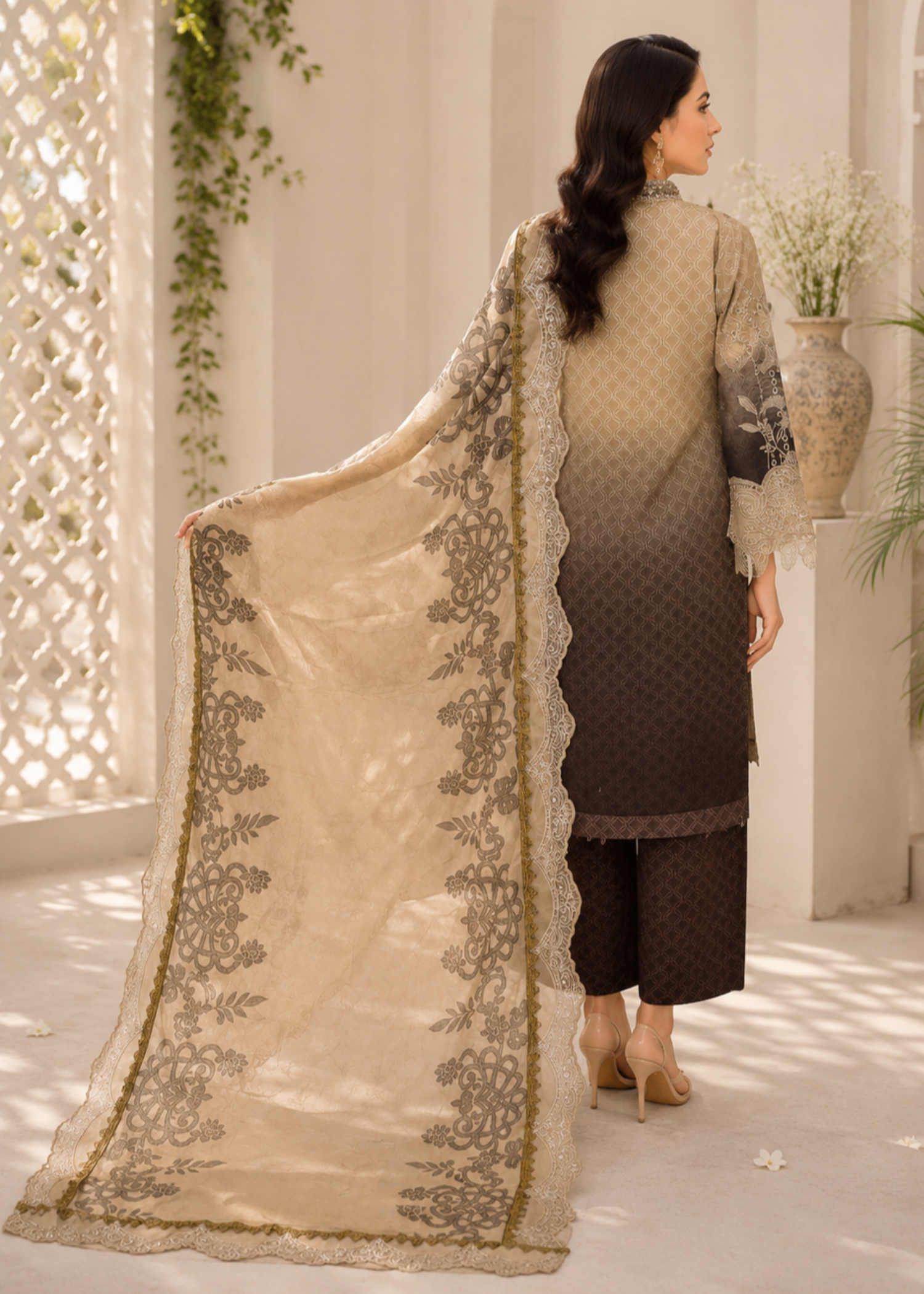 lawn Kurta Set in Chocolate brown, cream