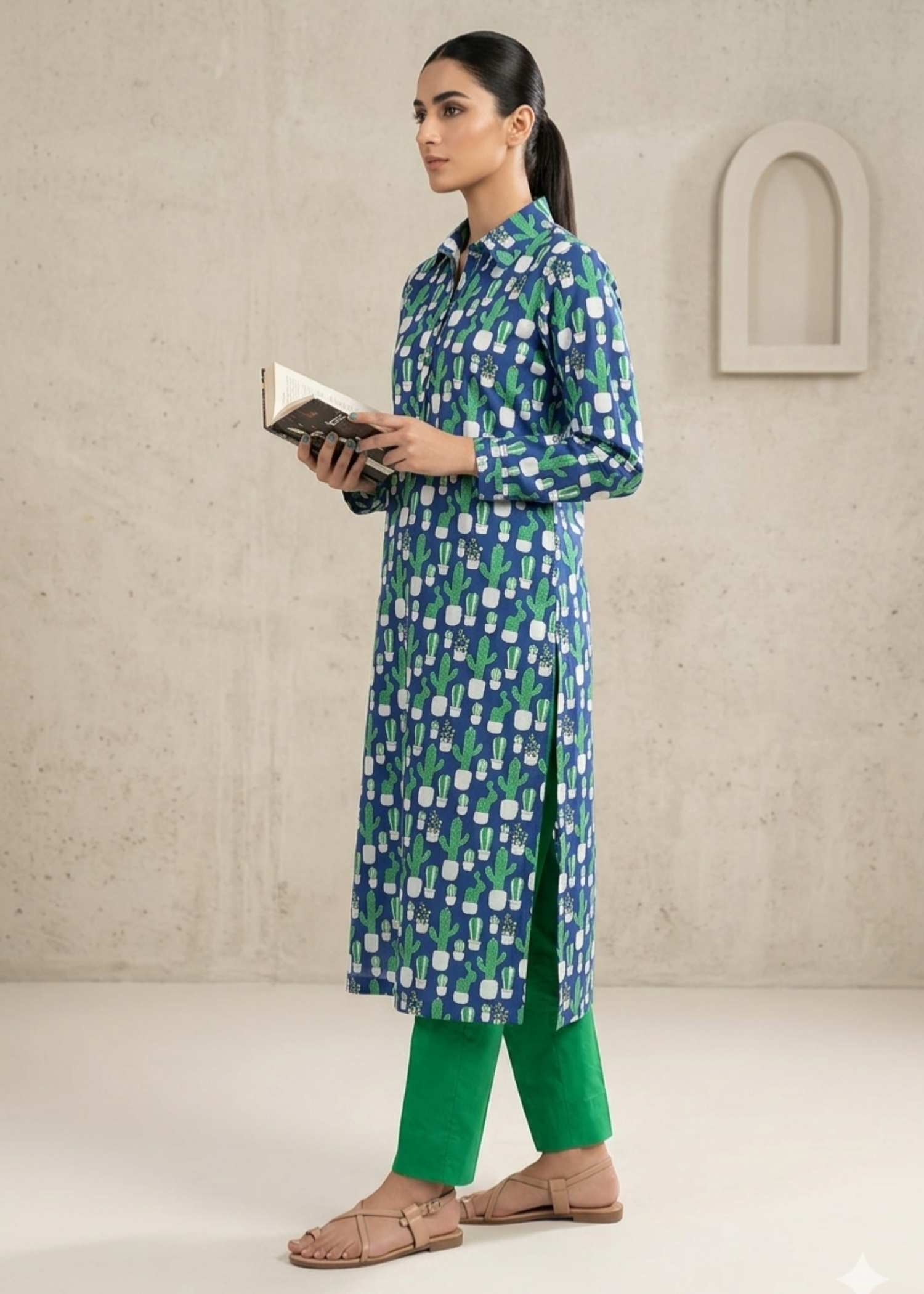 cambric Kurta Set in Blue, green