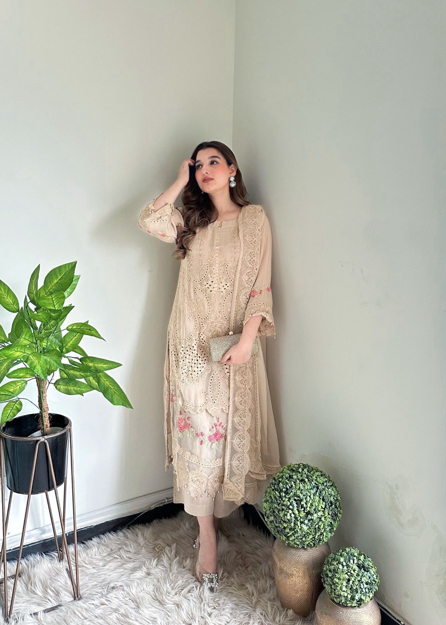 chiffon Kurta Set in Tan brown