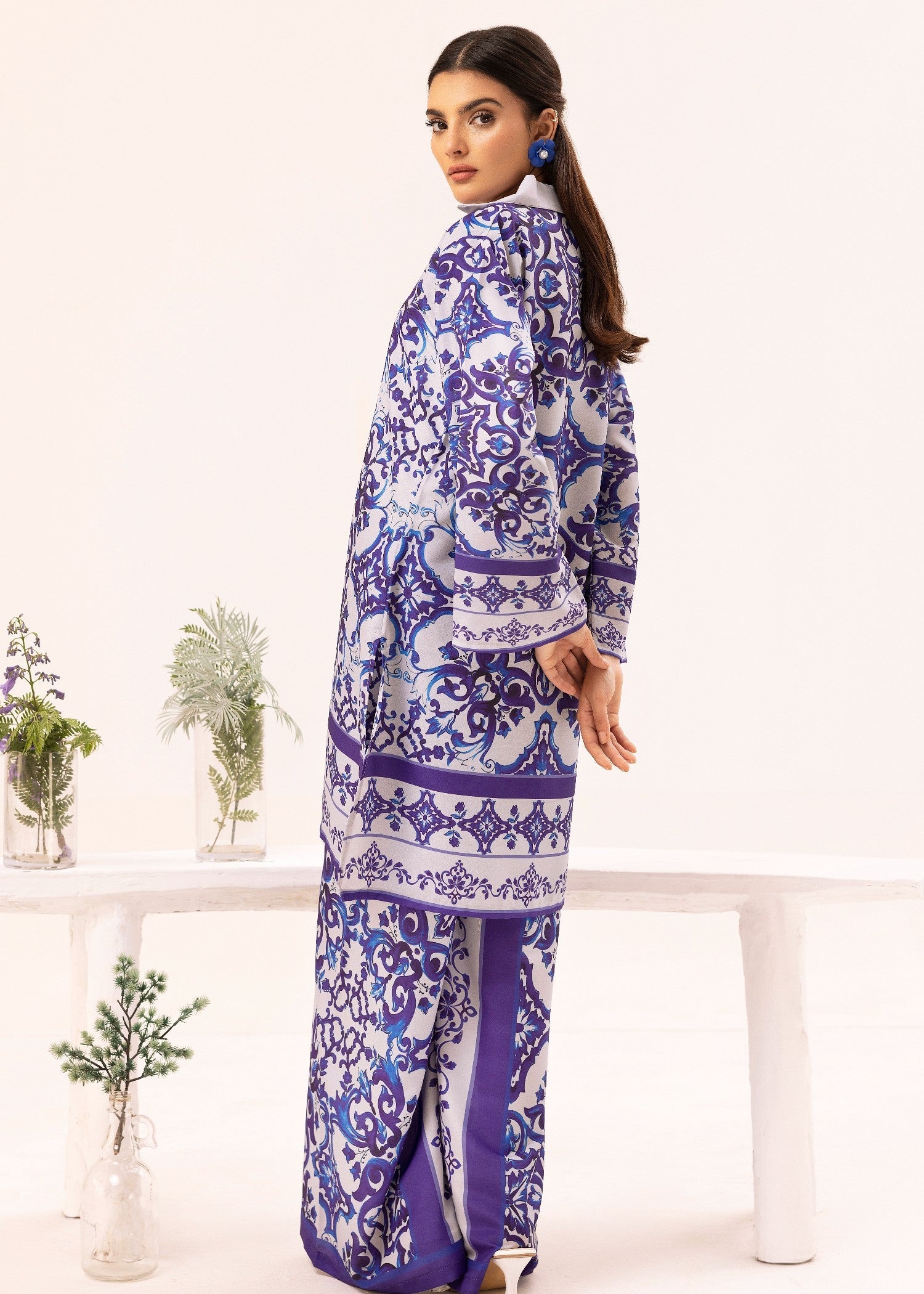 lawn Co Ord Sets in White, purple heart