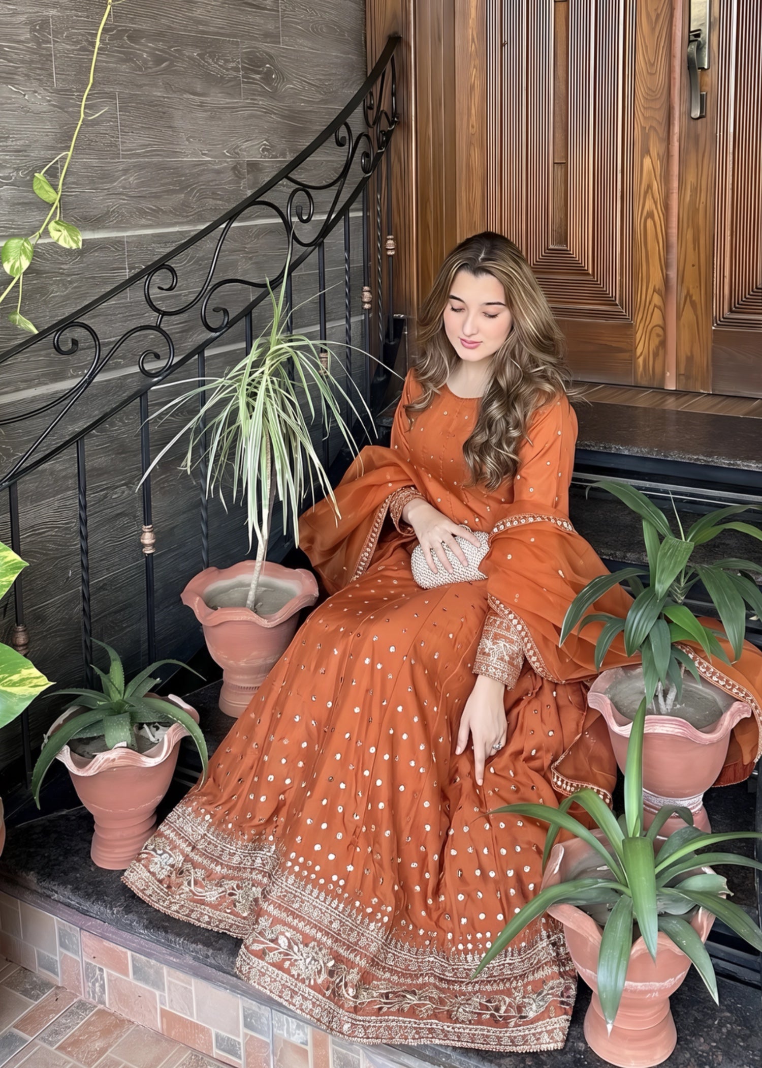 silk Pishwas in Rust orange