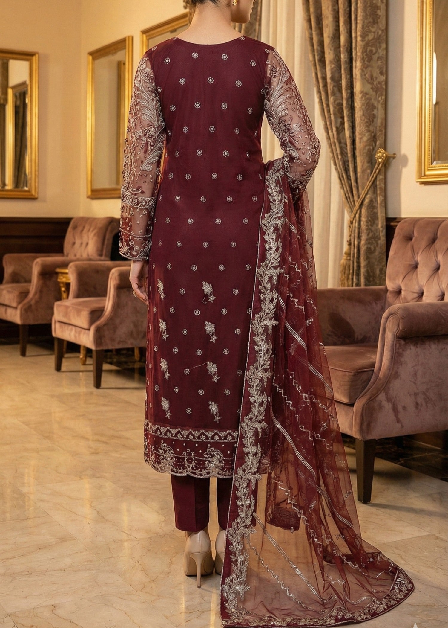 net Kurta Set in Burgundy