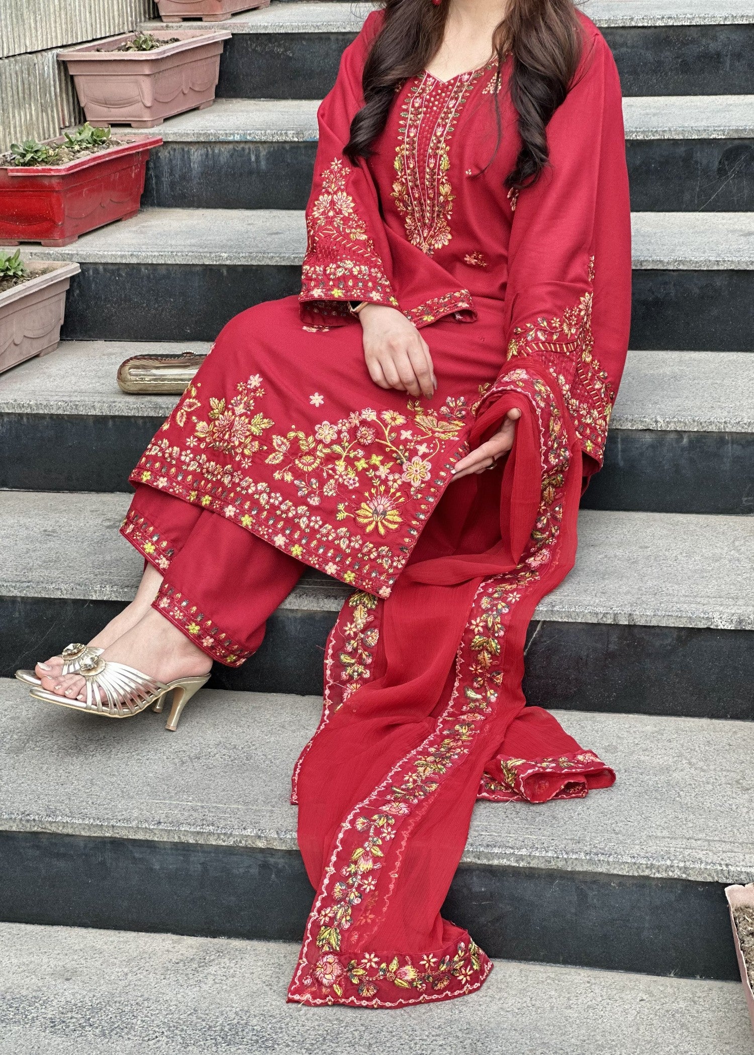 lawn cotton Kurta Set in Amaranth