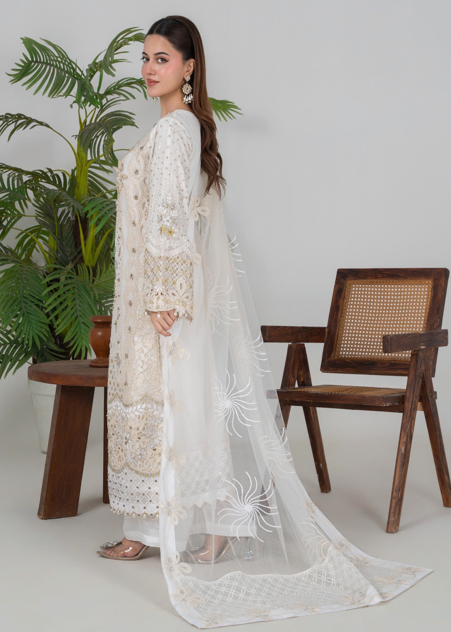 crinkle chiffon Kurta Set in Milk