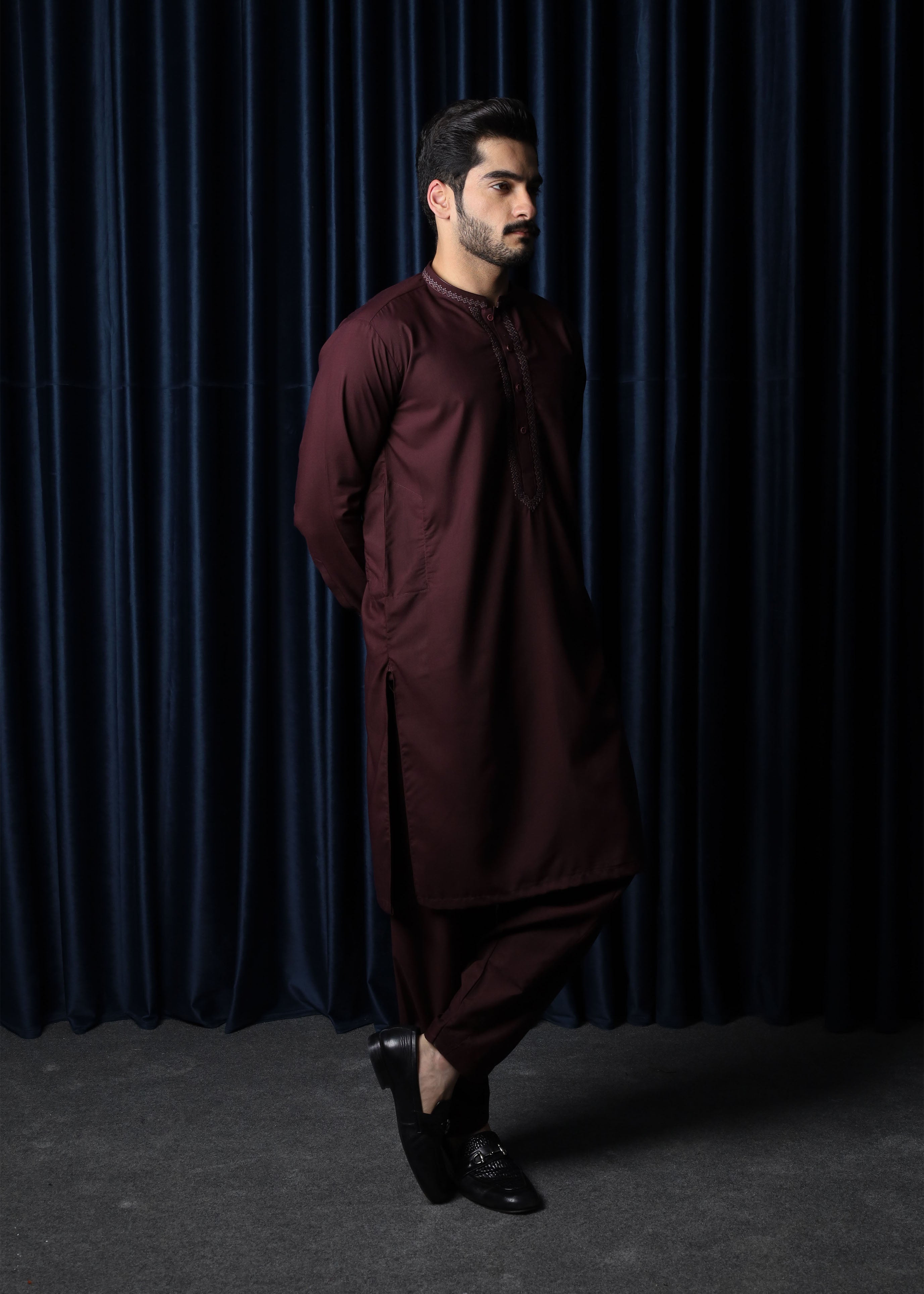 wash & wear Shalwar Kameez in Maroon by Mazham