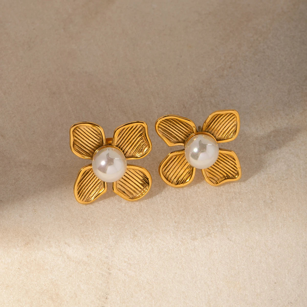 18K Gold Plated Stainless Steel Flower Earrings with Shell Beads