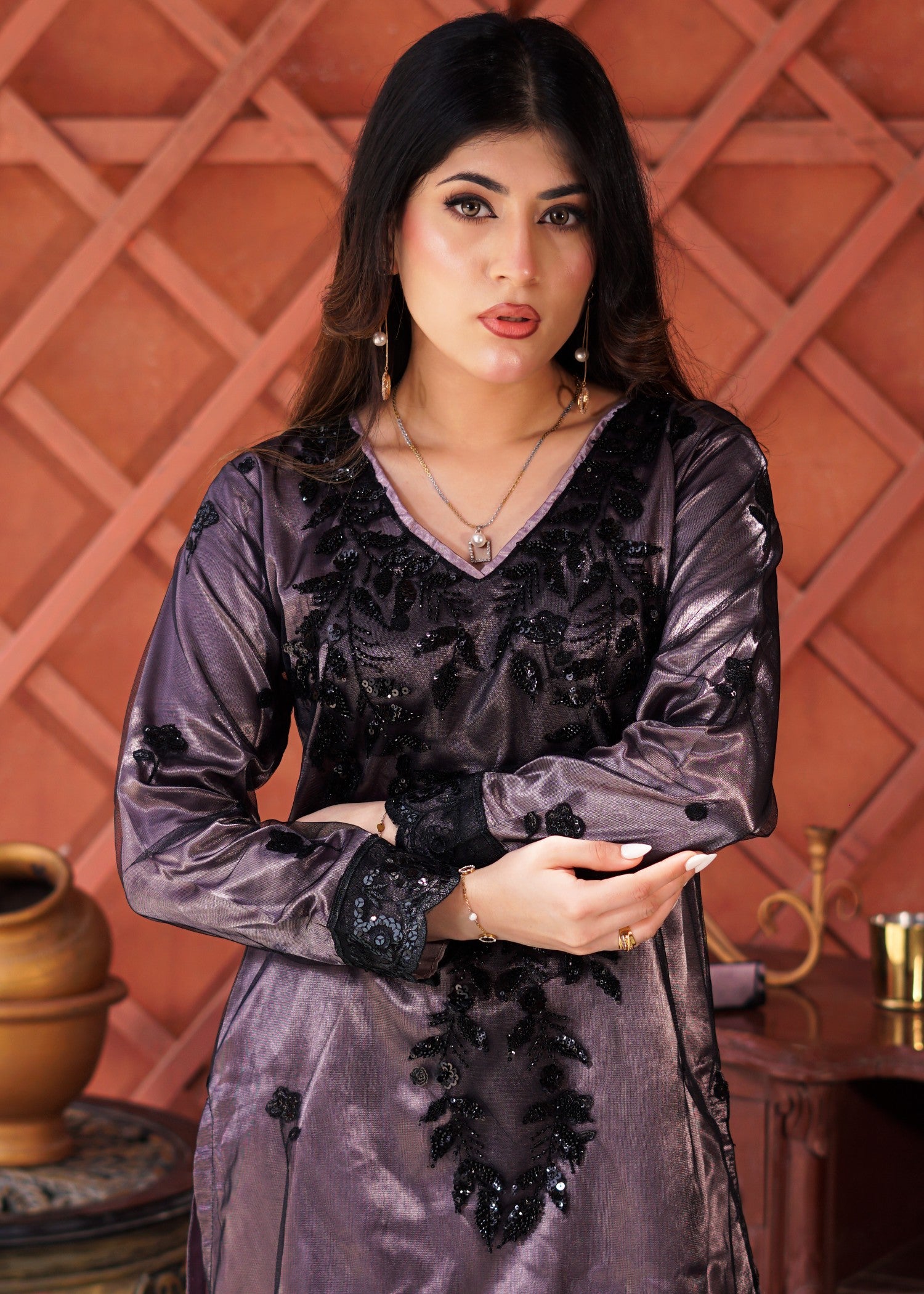 net Kurta Set in Sangria