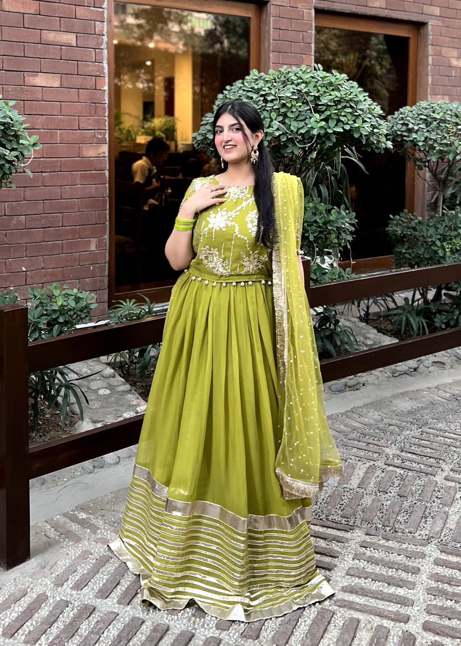 bemberg crinkle chiffon Lehenga in Olive green