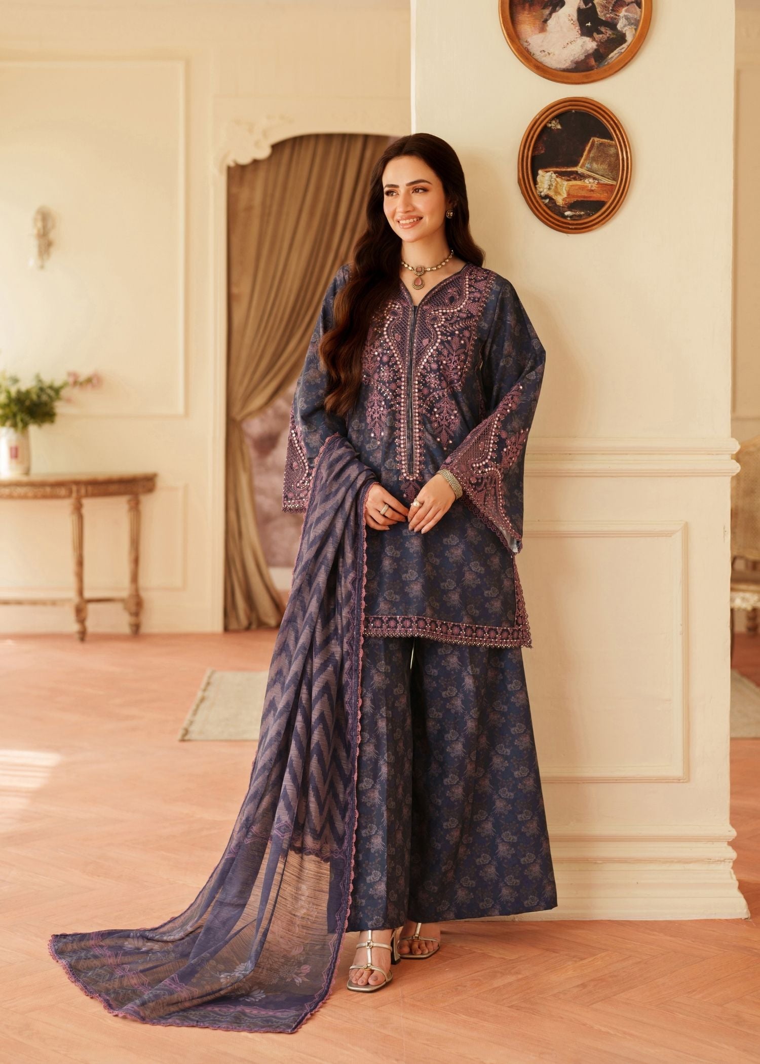 organza Kurta Set in Navy blue