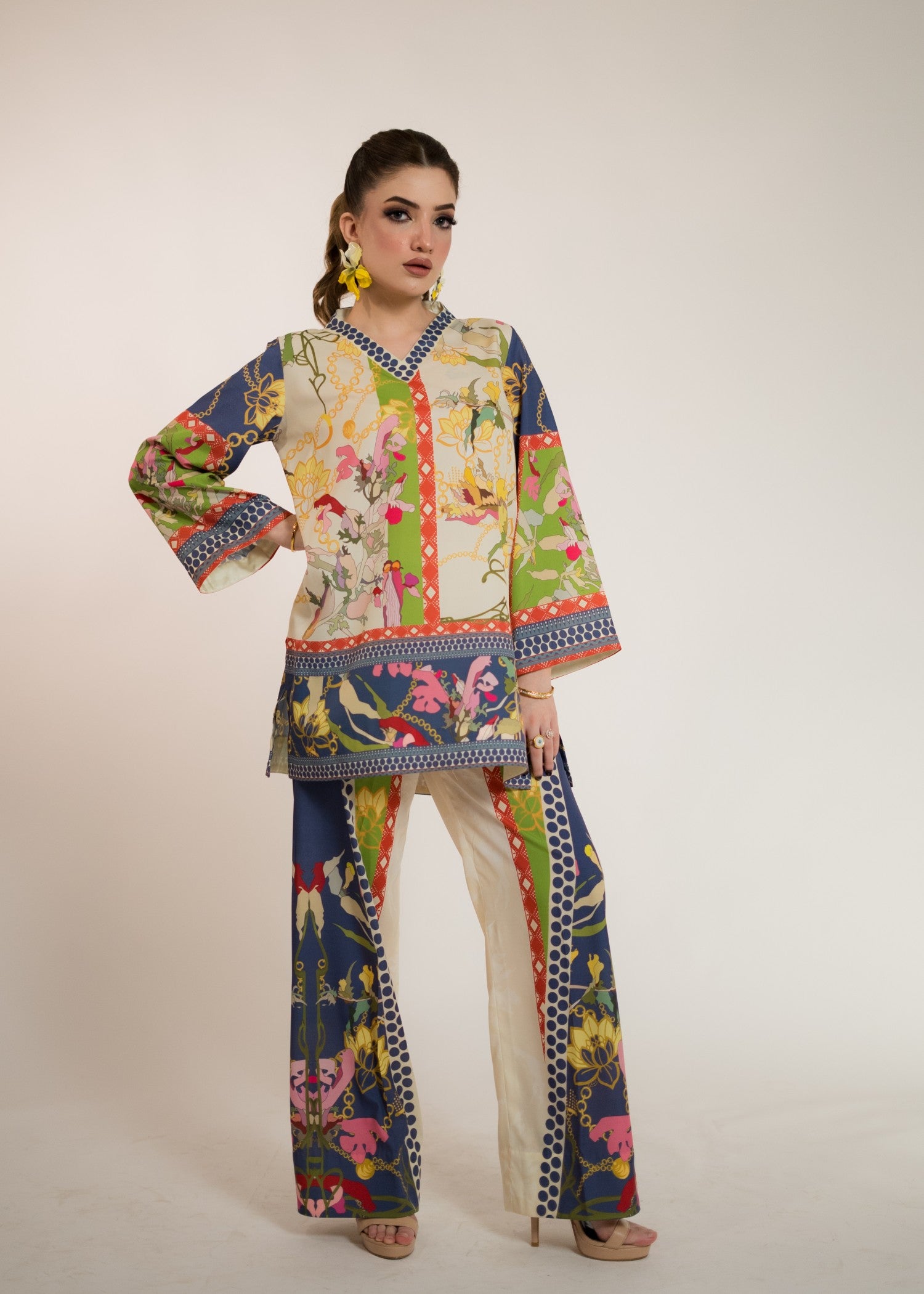silk crepe Co ord Sets in Blue, cream