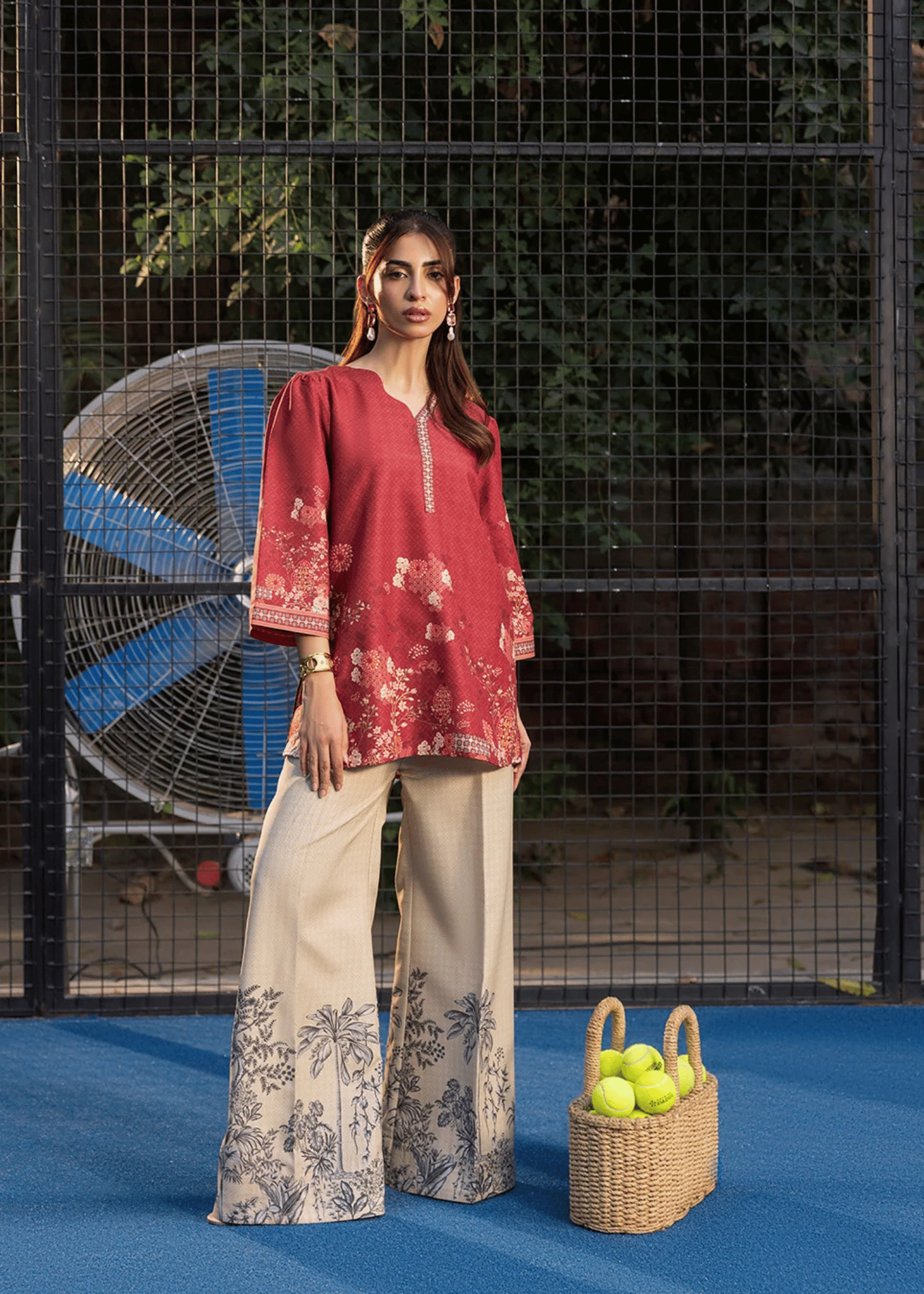 arabic lawn Kurta Set in Beige, flame