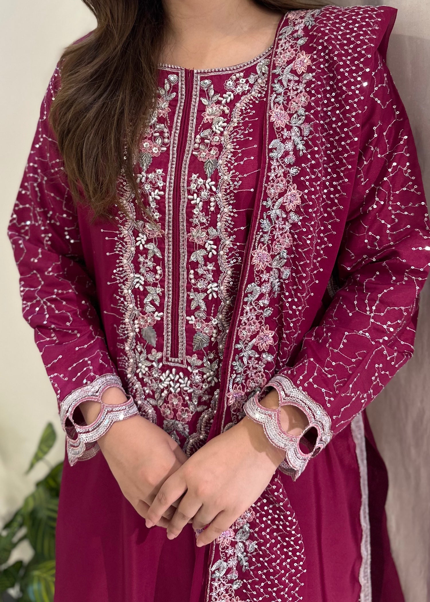 silk Kurta Set in Magenta