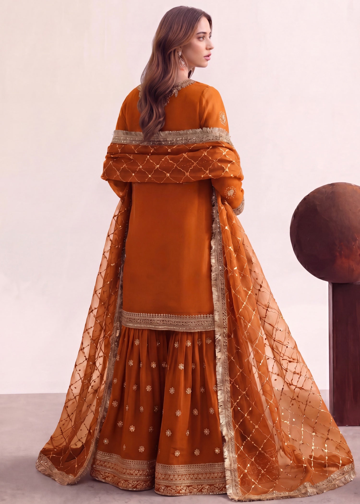 chiffon Gharara in Rust orange