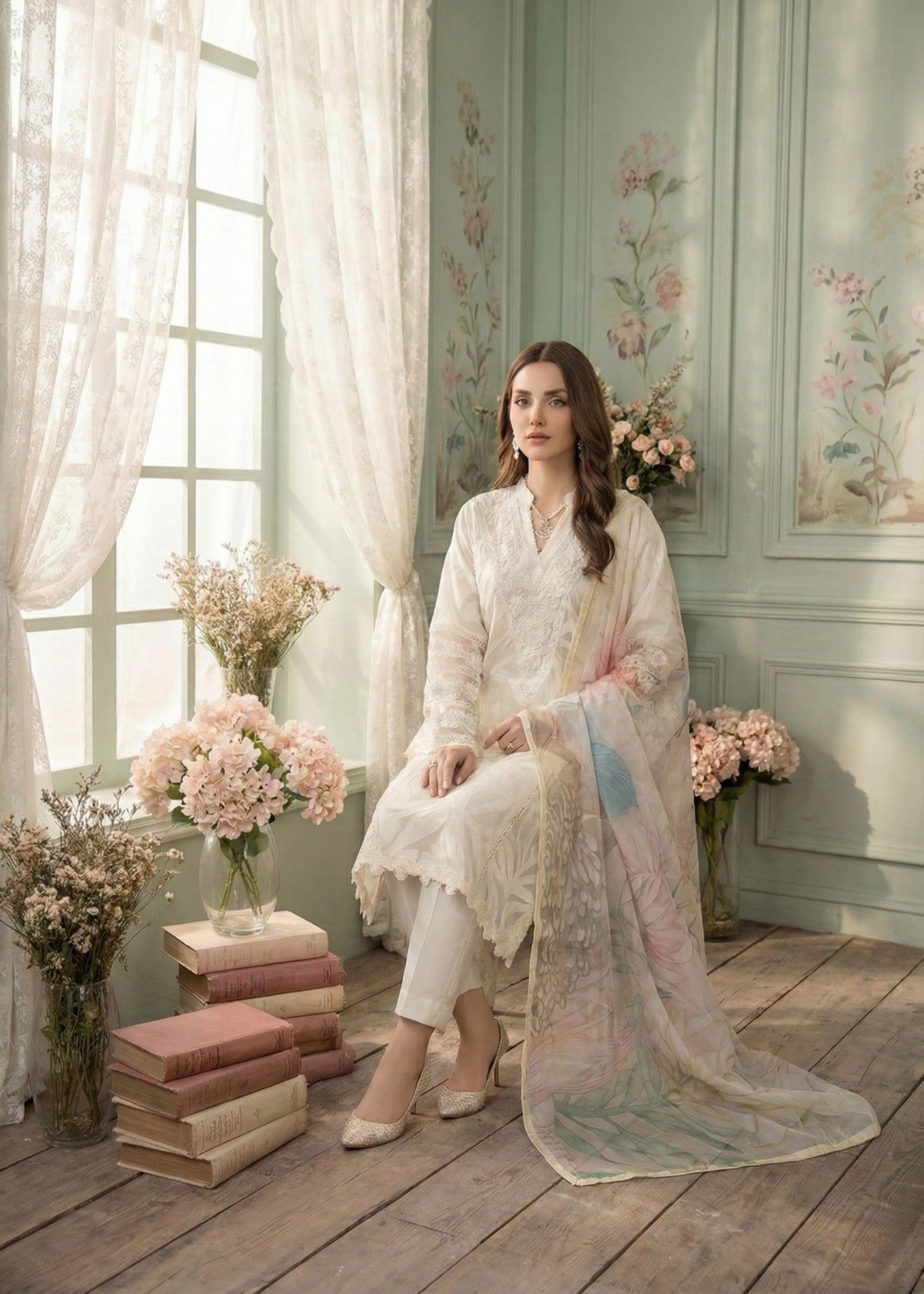 jacquard organza Kurta Set in Light yellow