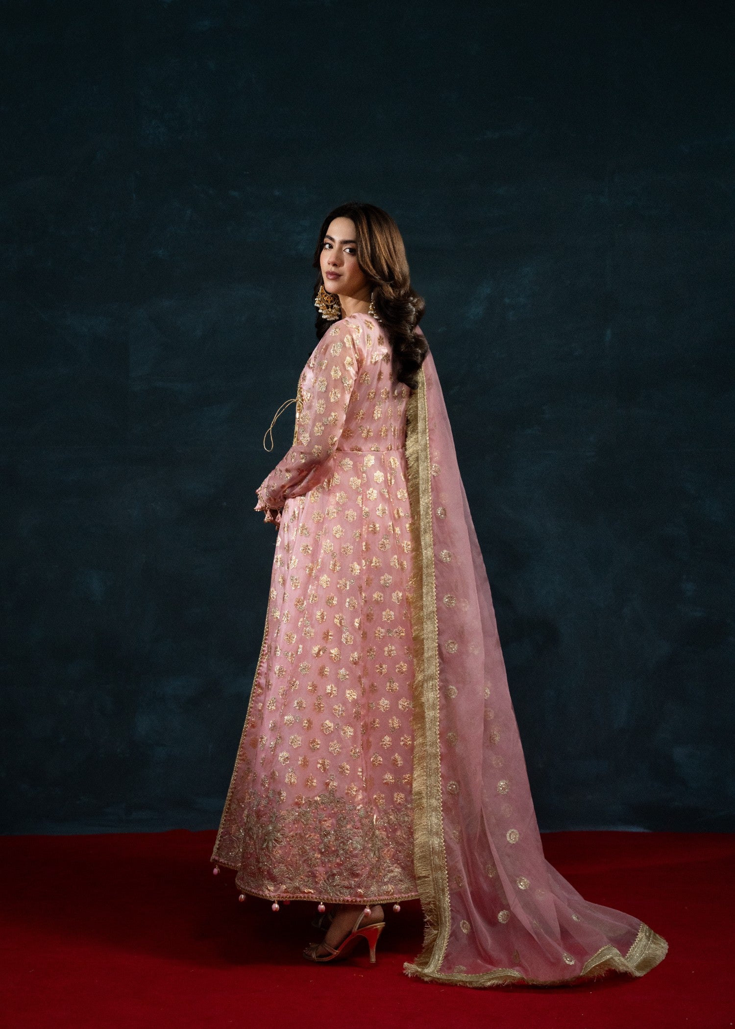 zari tissue Angrakha in Peach pink