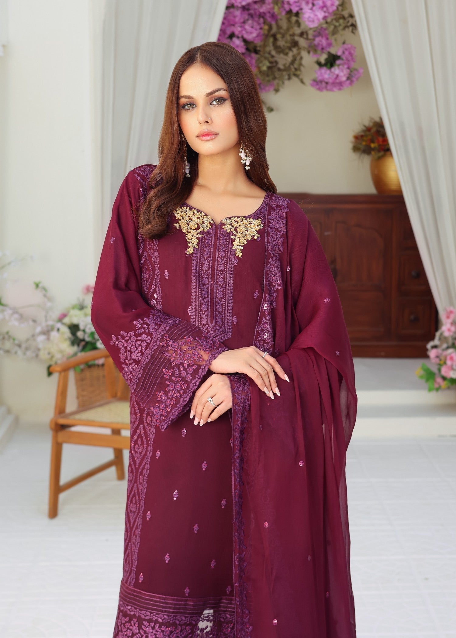 bemberg crinkle chiffon Kurta Set in Burgundy