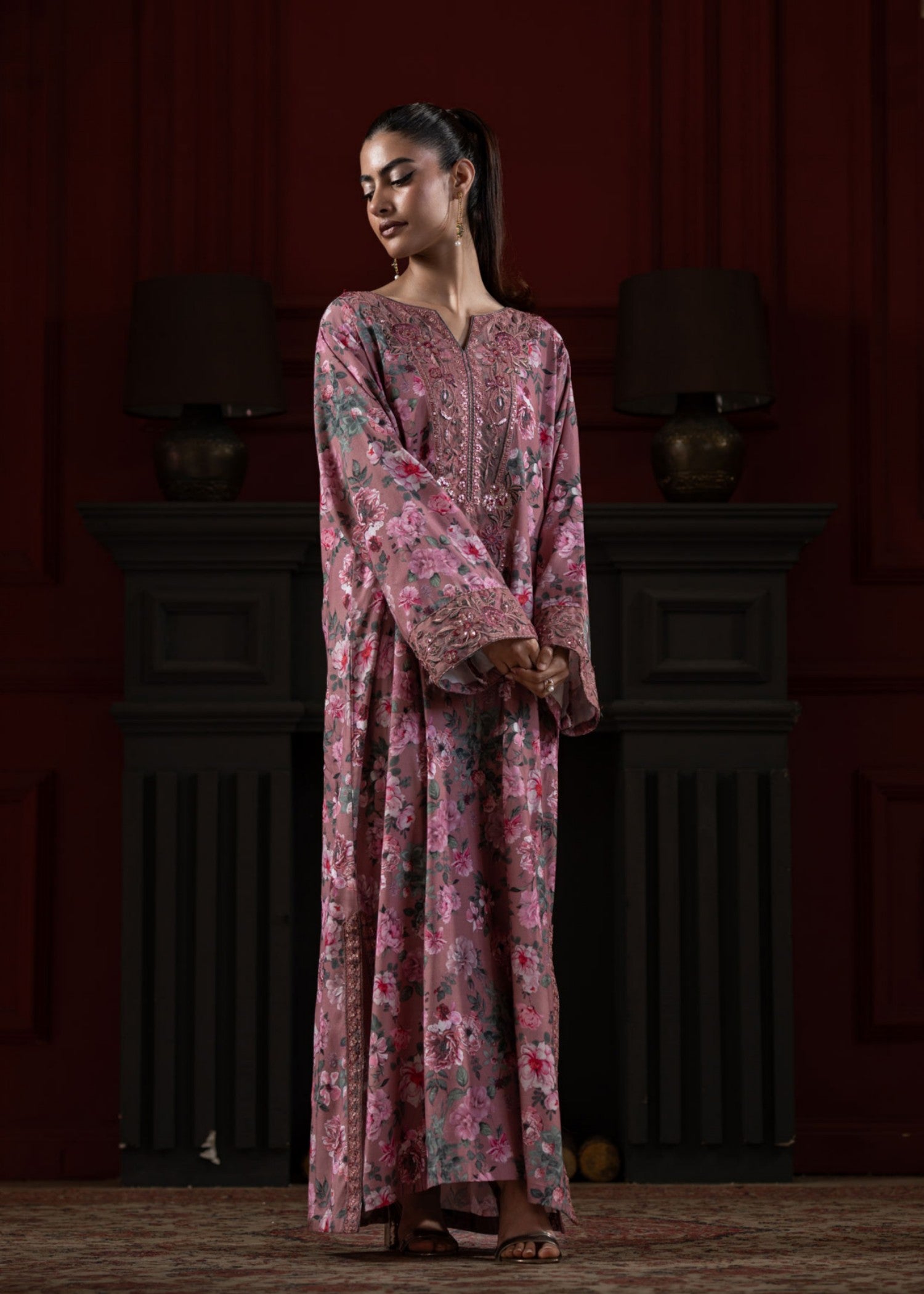 raw silk Kaftan in Zinnia pink