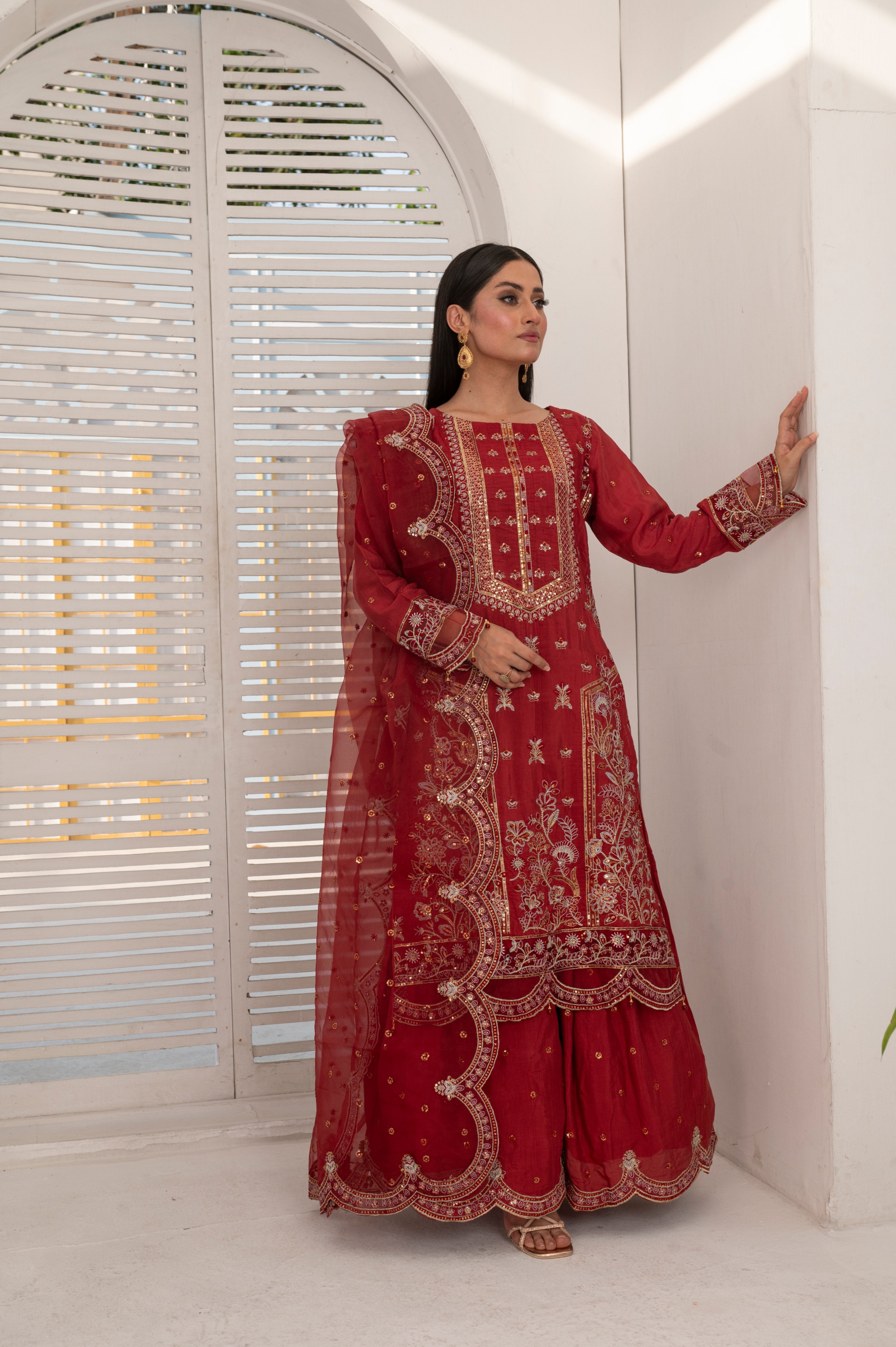 raw silk Sharara in Blood red