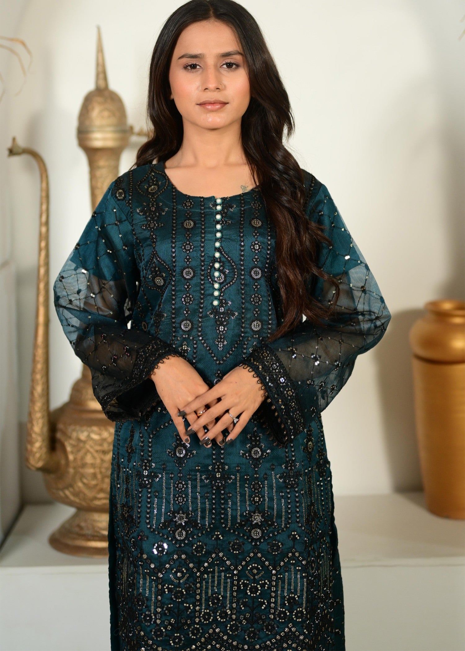 khaddi net Kurta Set in Sea green