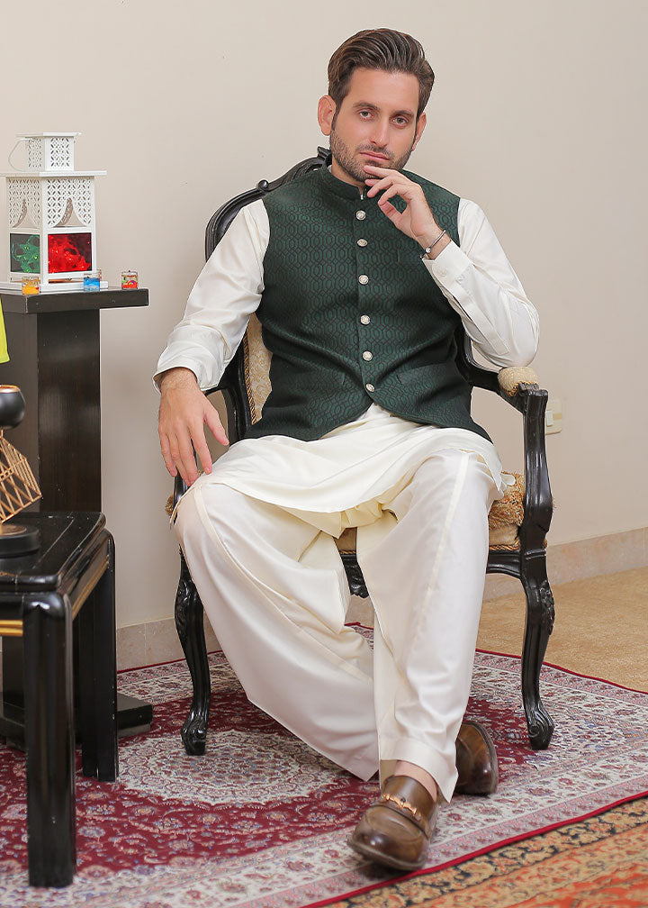 banarsi silk Waistcoat in Bottle green