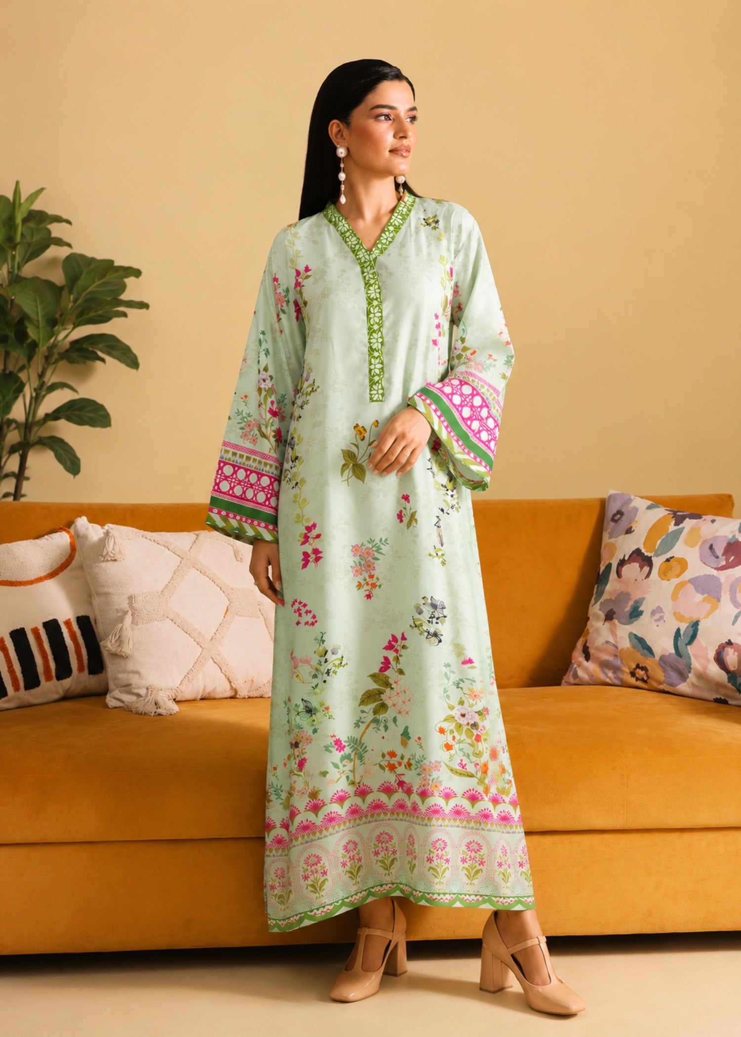 poly lawn Kaftan in Mint green