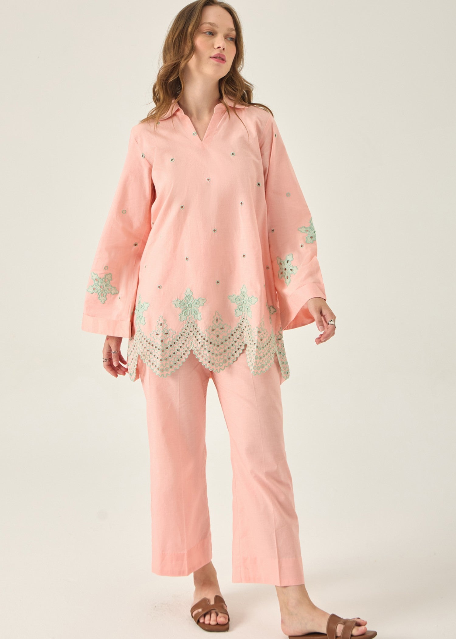 cotton dobby Co Ord Sets in Peach pink