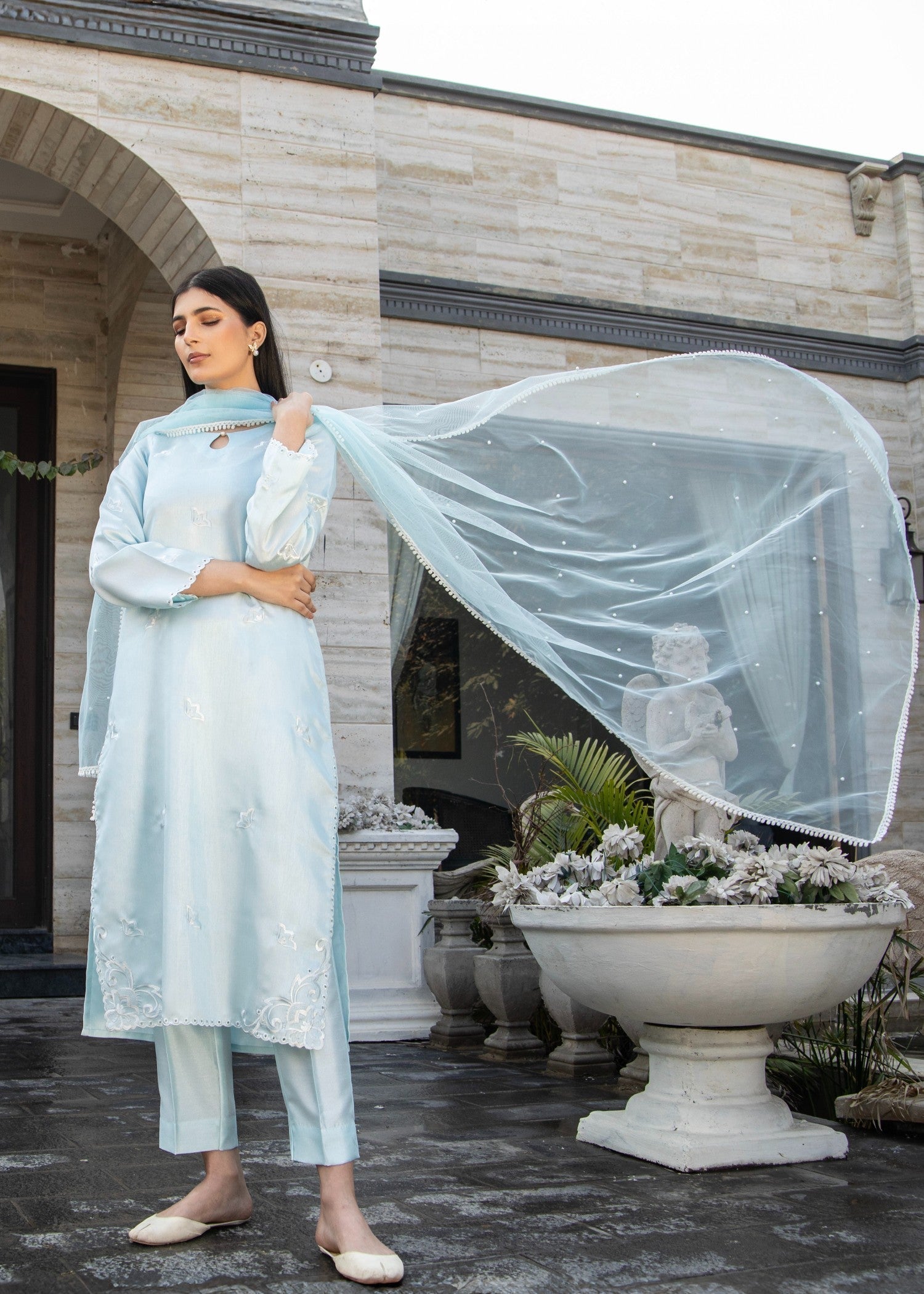poly silk Kurta Set in Ice blue