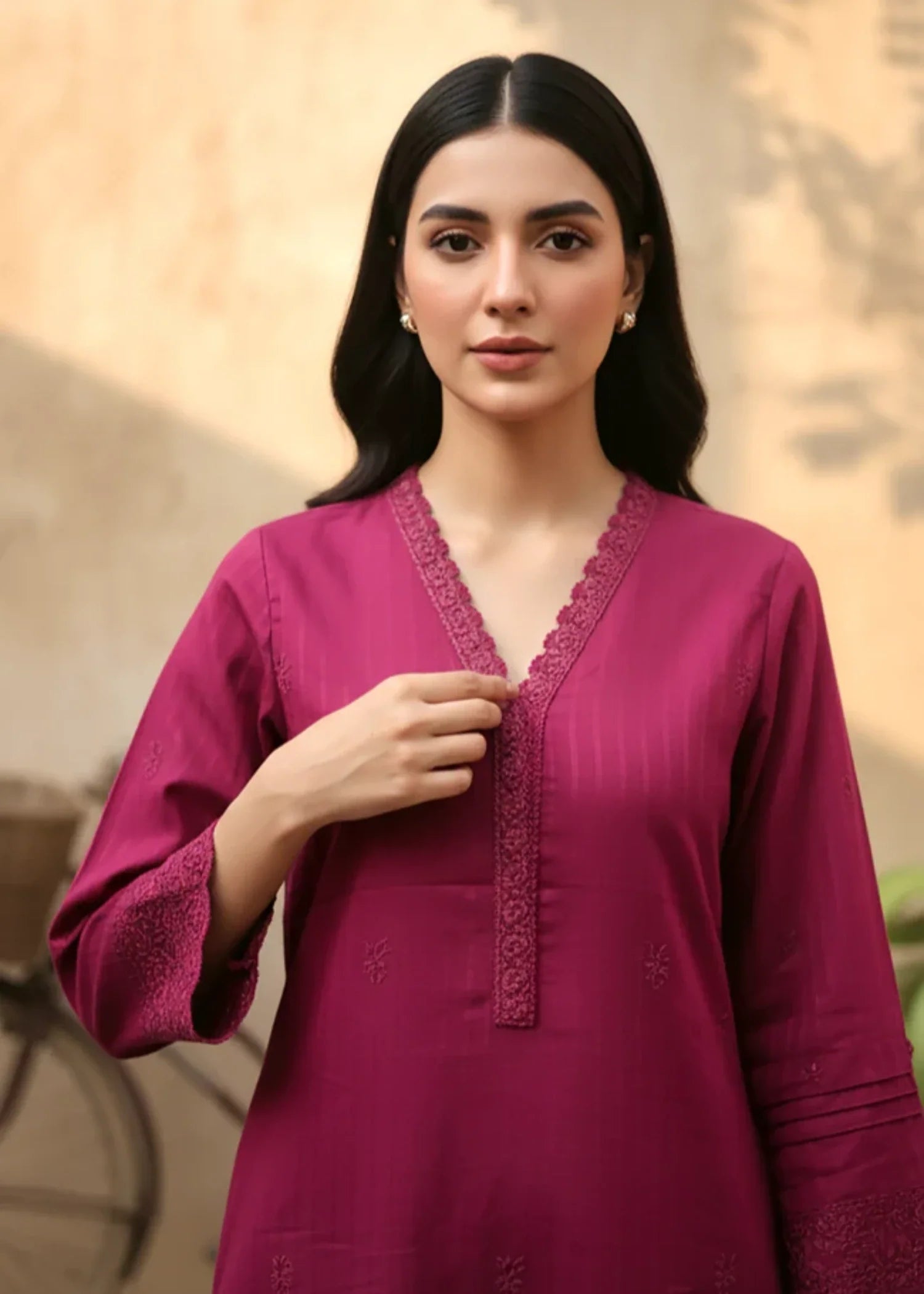 cambric Kurta Set in Fuchsia
