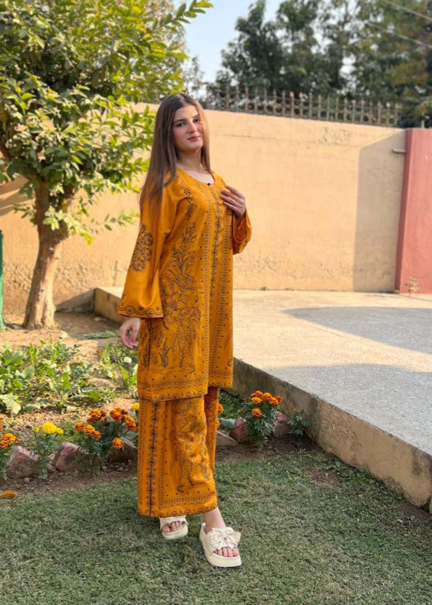 arabic lawn Co Ord Sets in Mustard