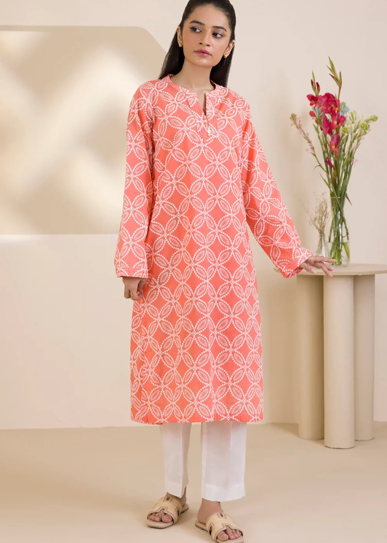 lawn Kurti in Coral pink