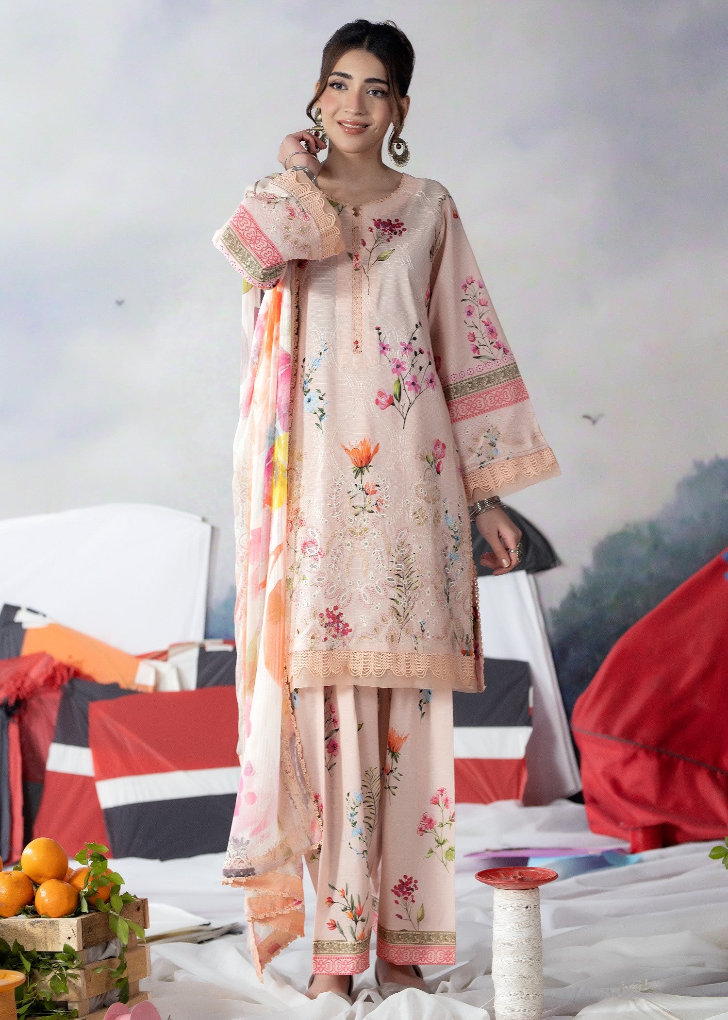ribbed lawn Kurta Set in Peach pink