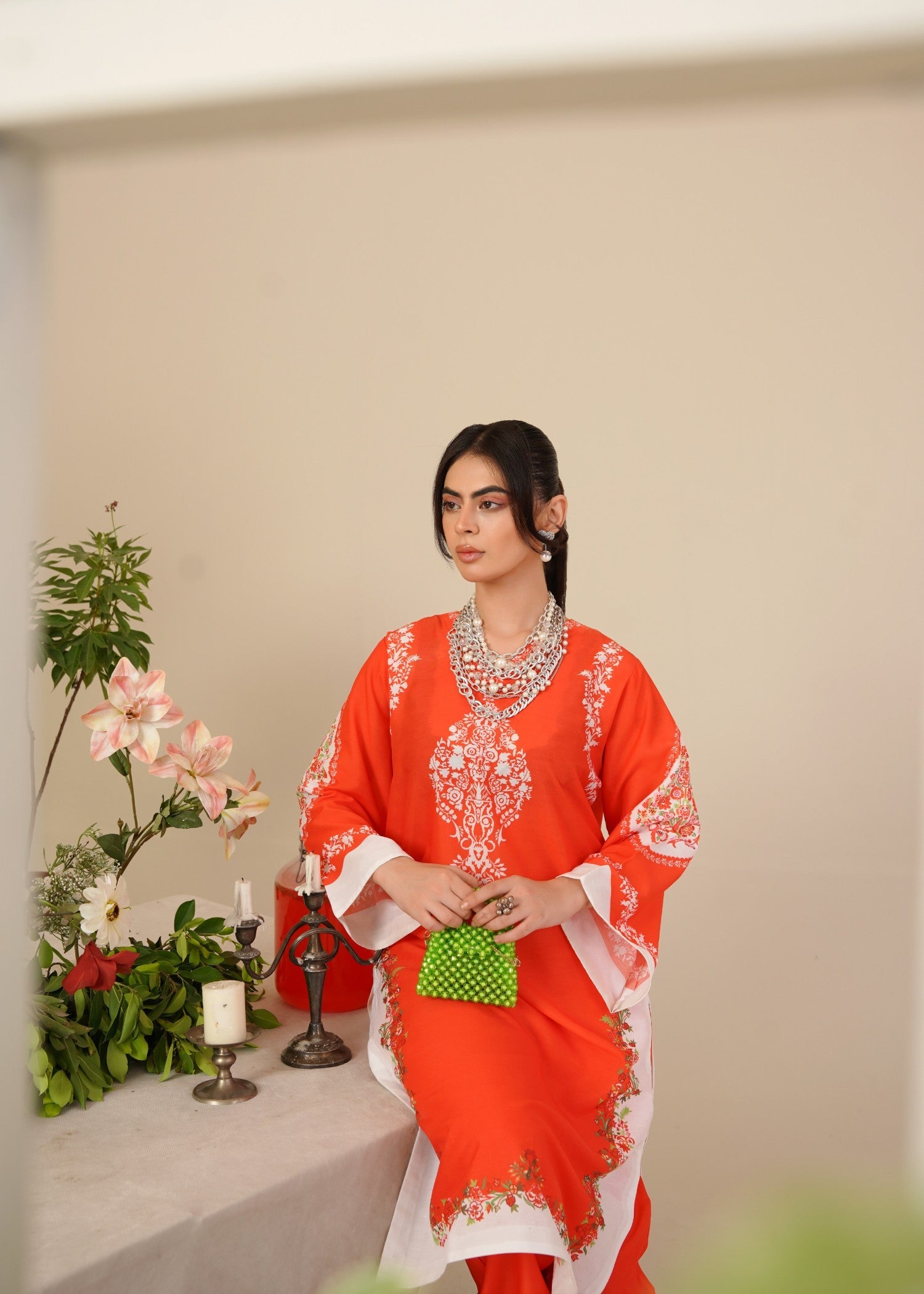 crepe Kurta Set in Red
