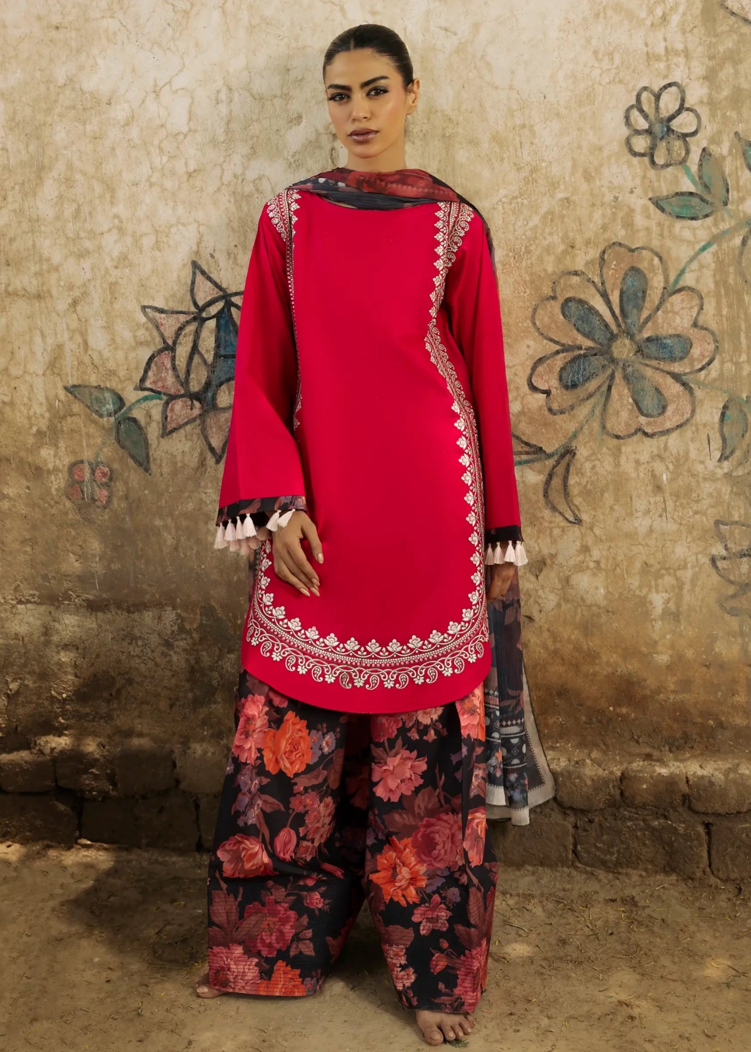 lawn cotton Kurta Set in Coral red
