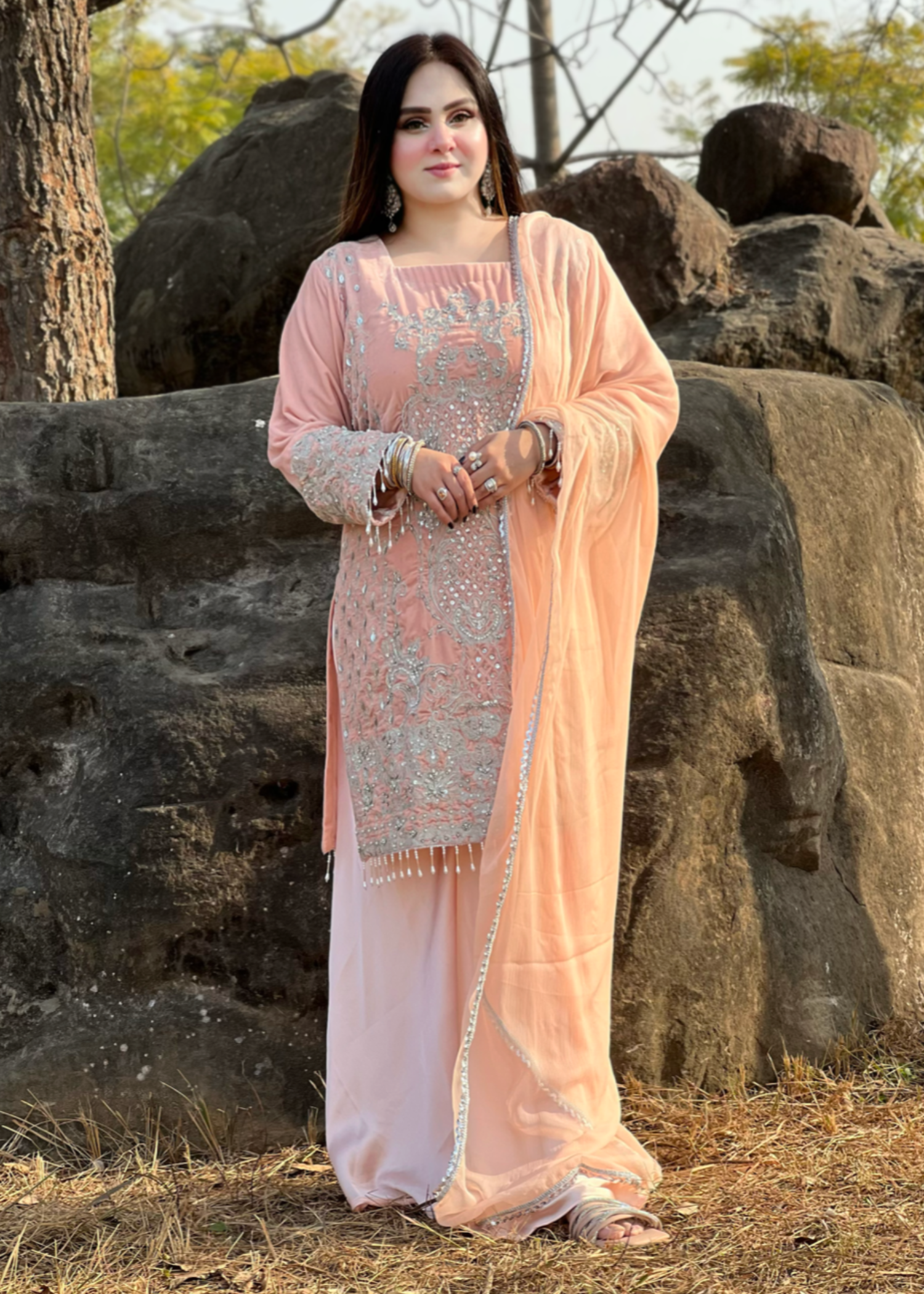 velvet Kurta Set in Light pink