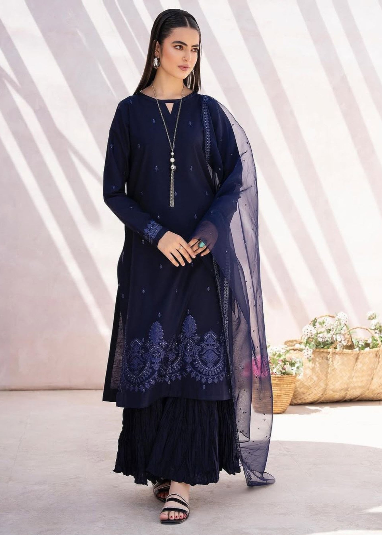 lawn Sharara in Navy blue