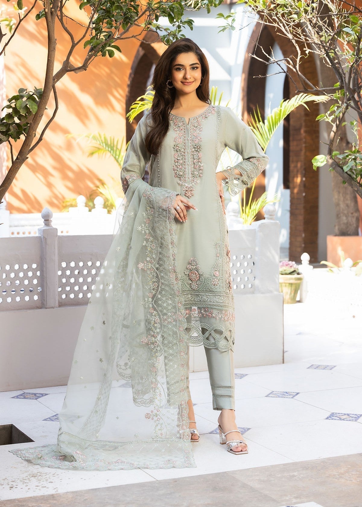 organza Kurta Set in Grey