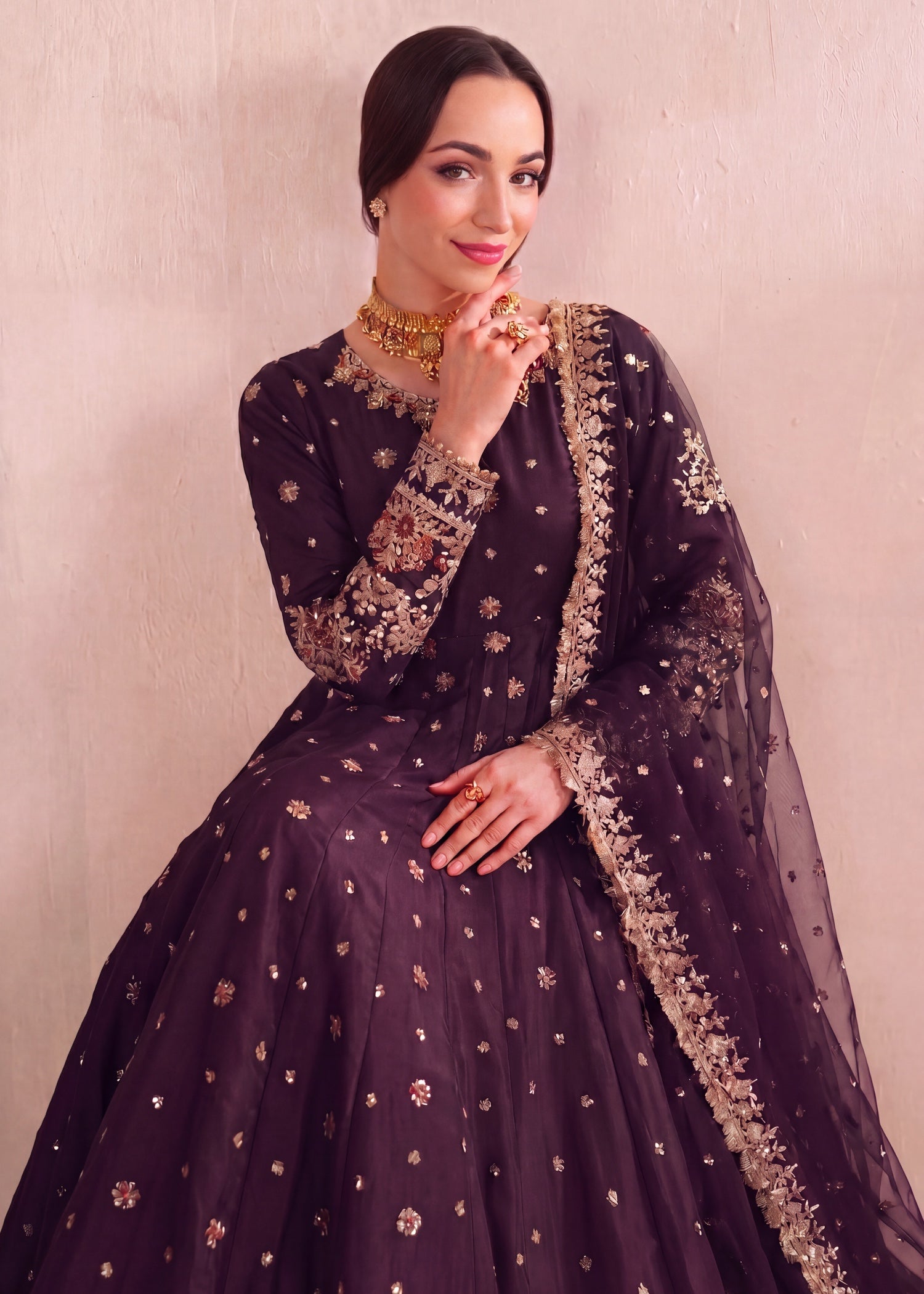 silk Pishwas in Plum purple