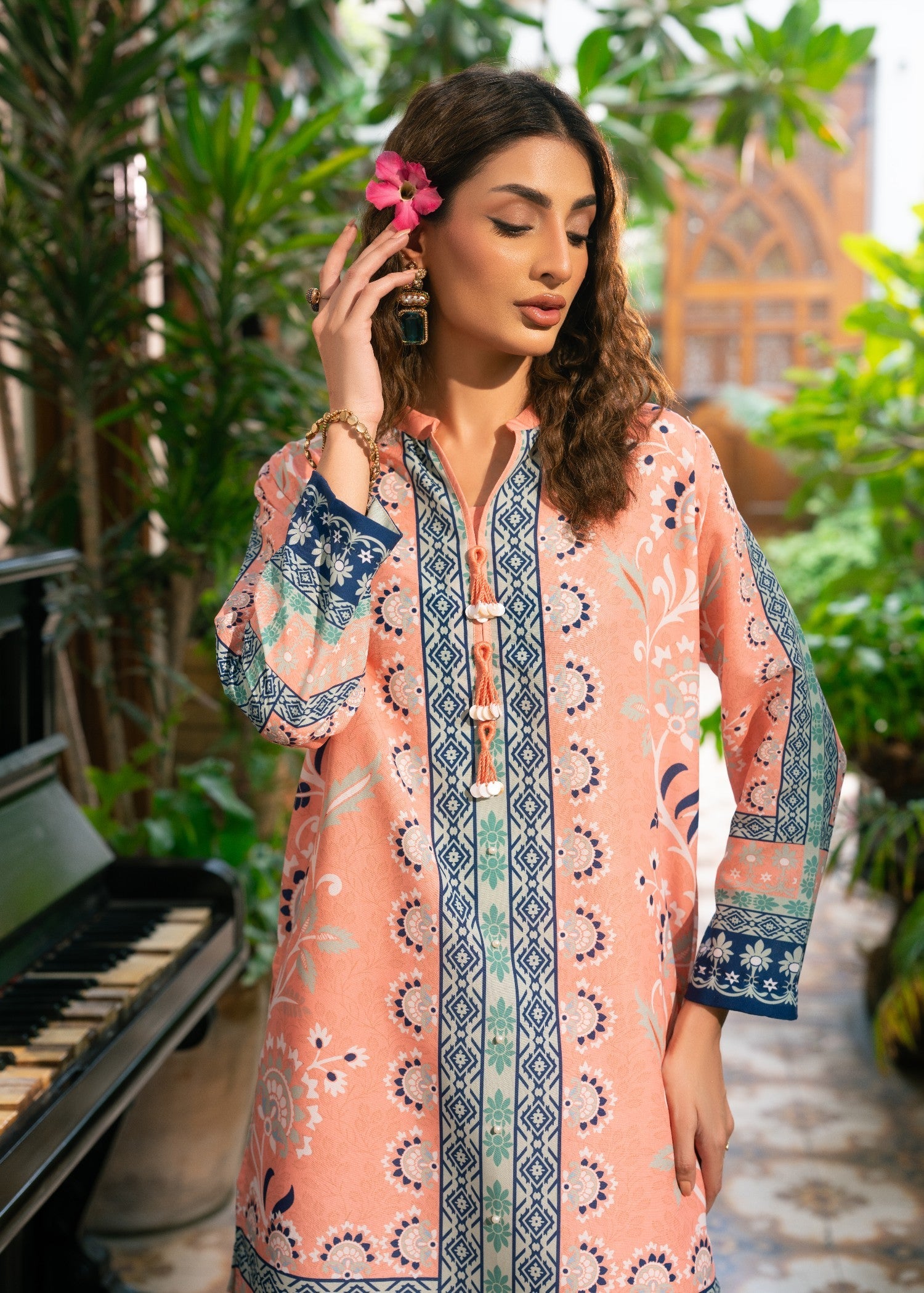 poly lawn Kurta Set in Peach pink