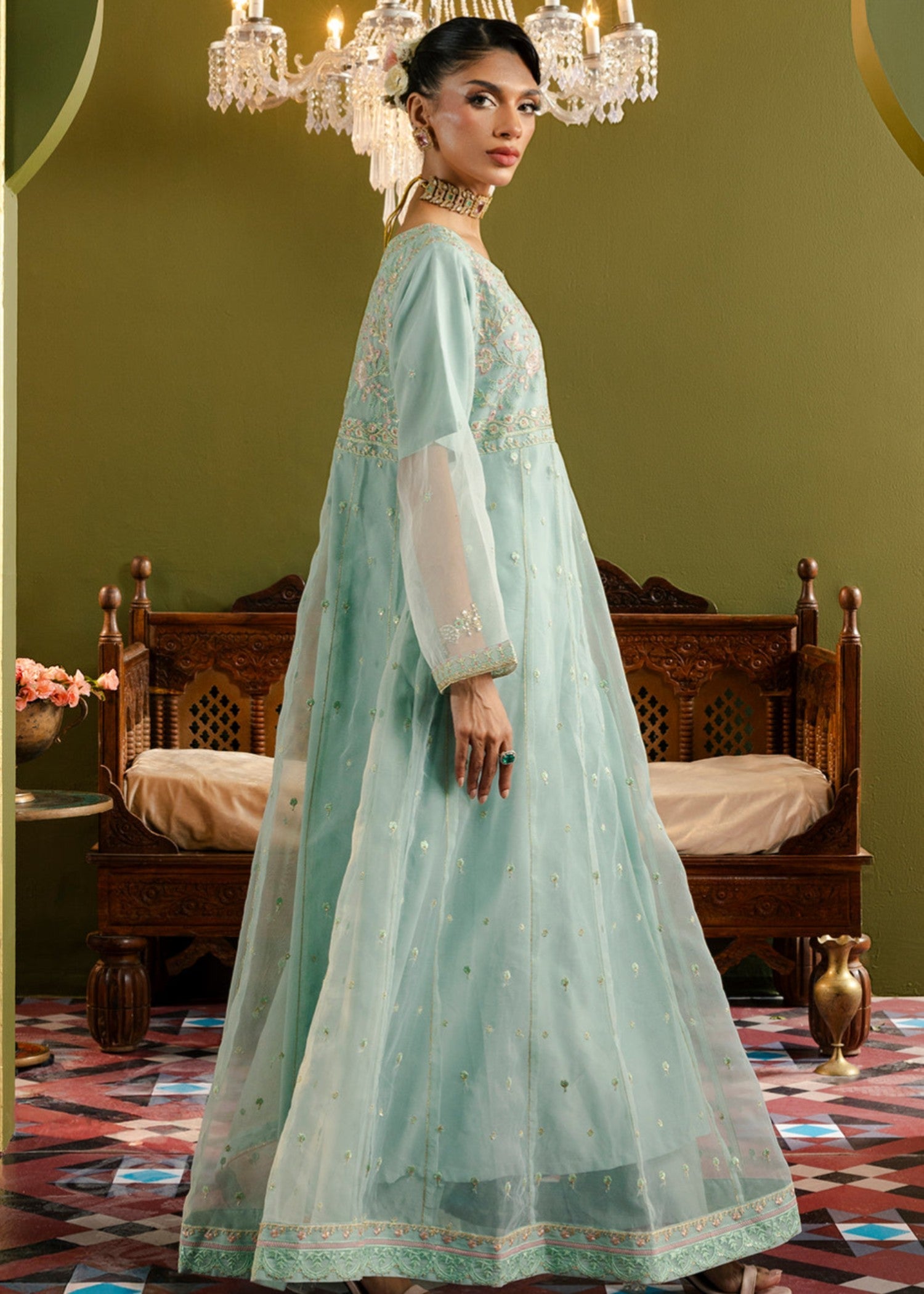 organza Pishwas in Aquamarine
