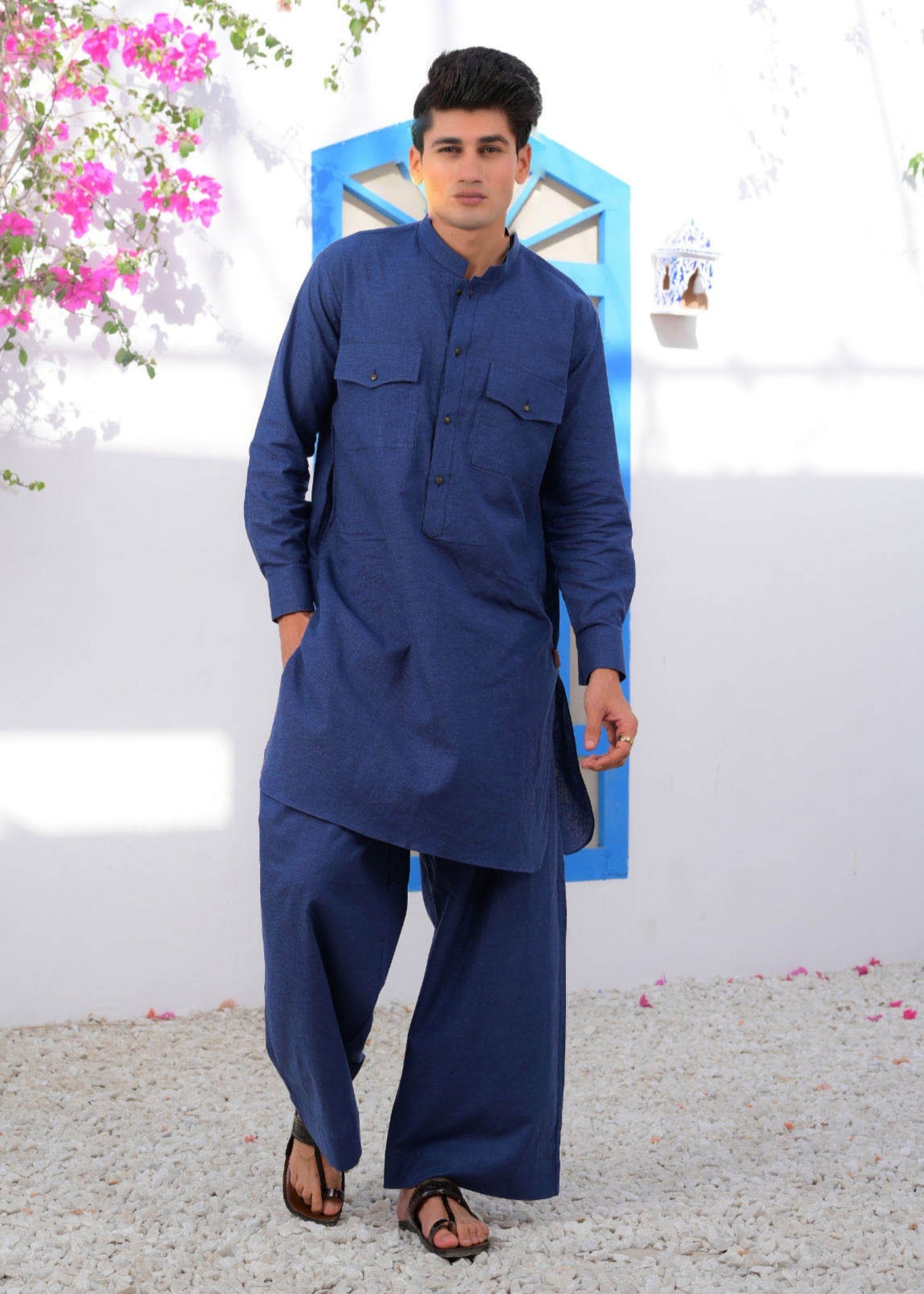 irish linen Kurta Set in Dark blue