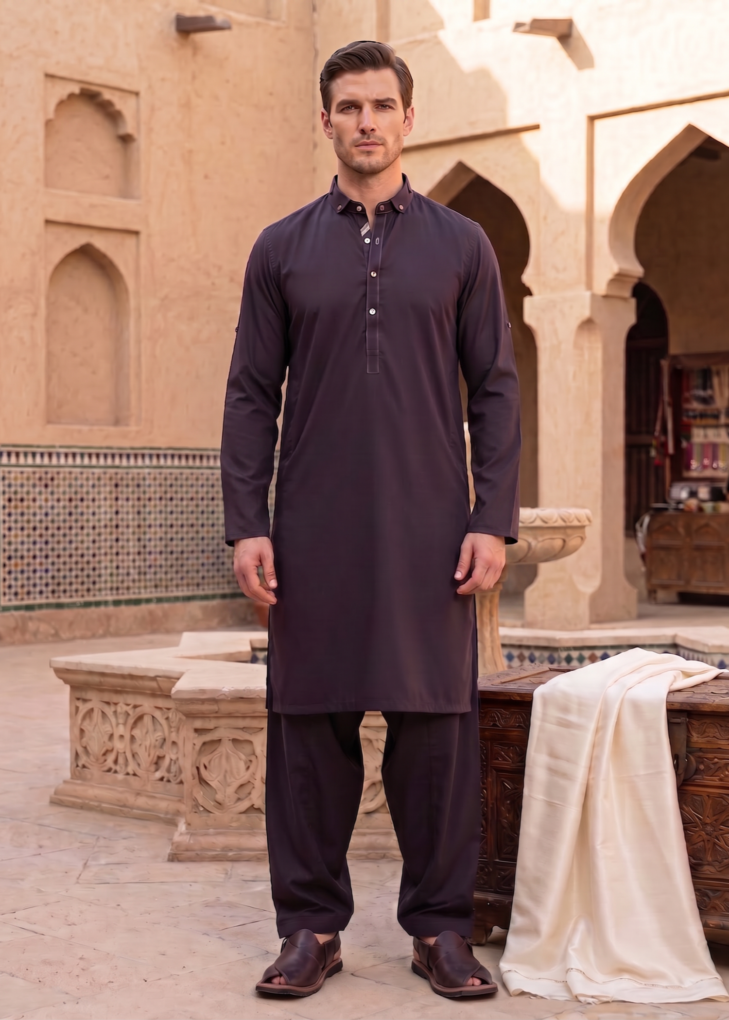 wash & wear Shalwar Kameez in Egg plant by Satarstudiocouture