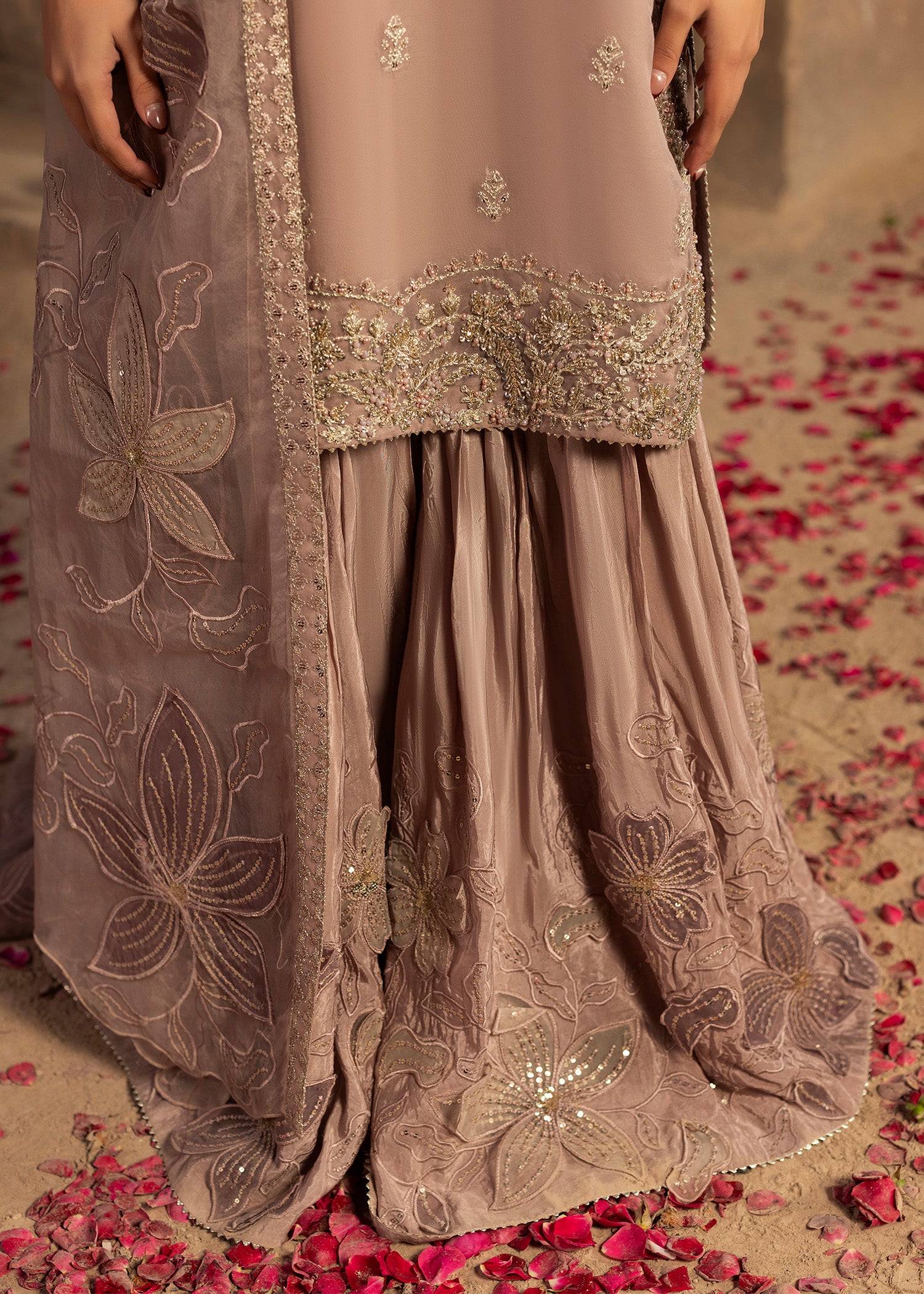organza Gharara in Tea rose pink