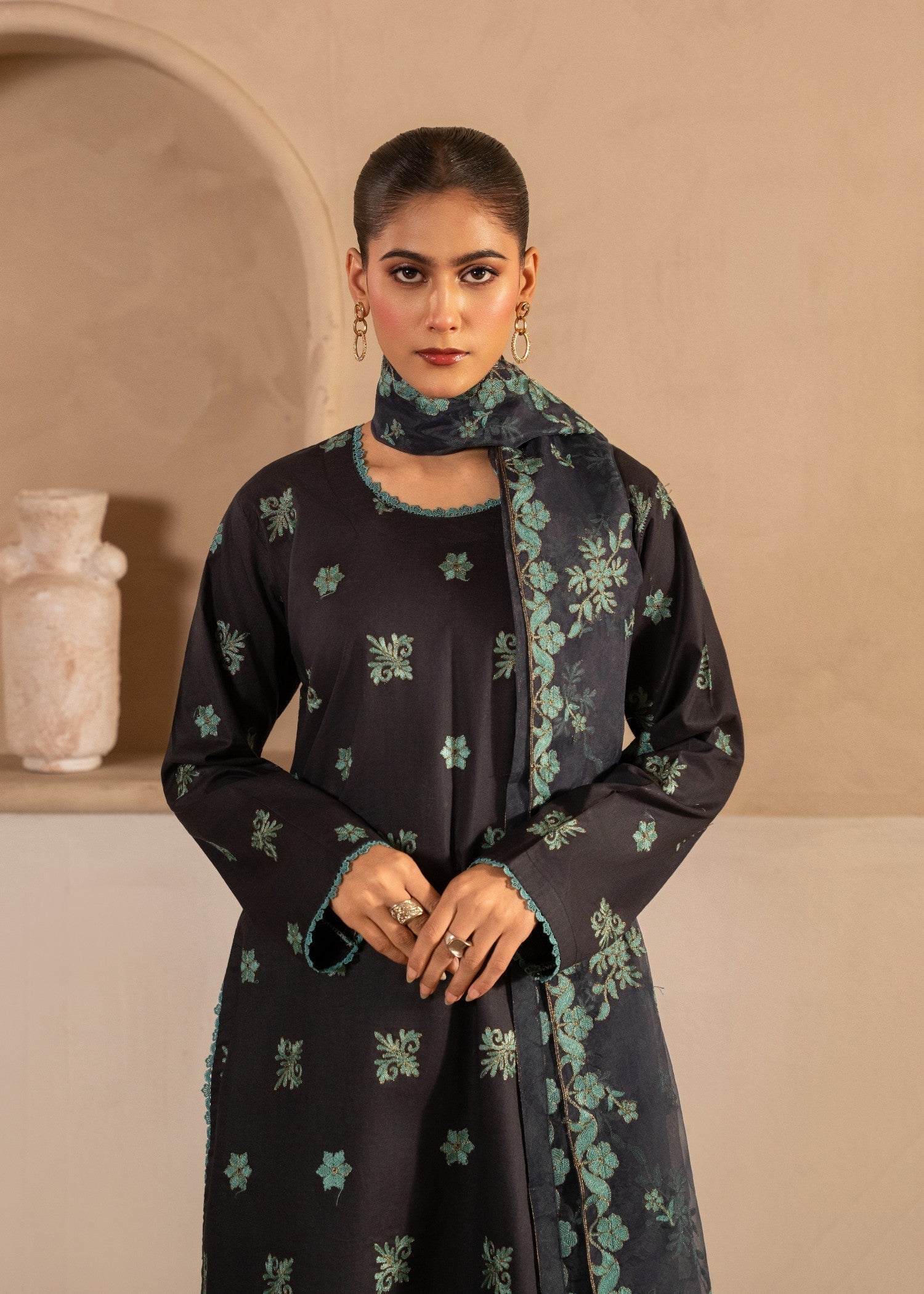 cotton Kurta Set in Charcoal black